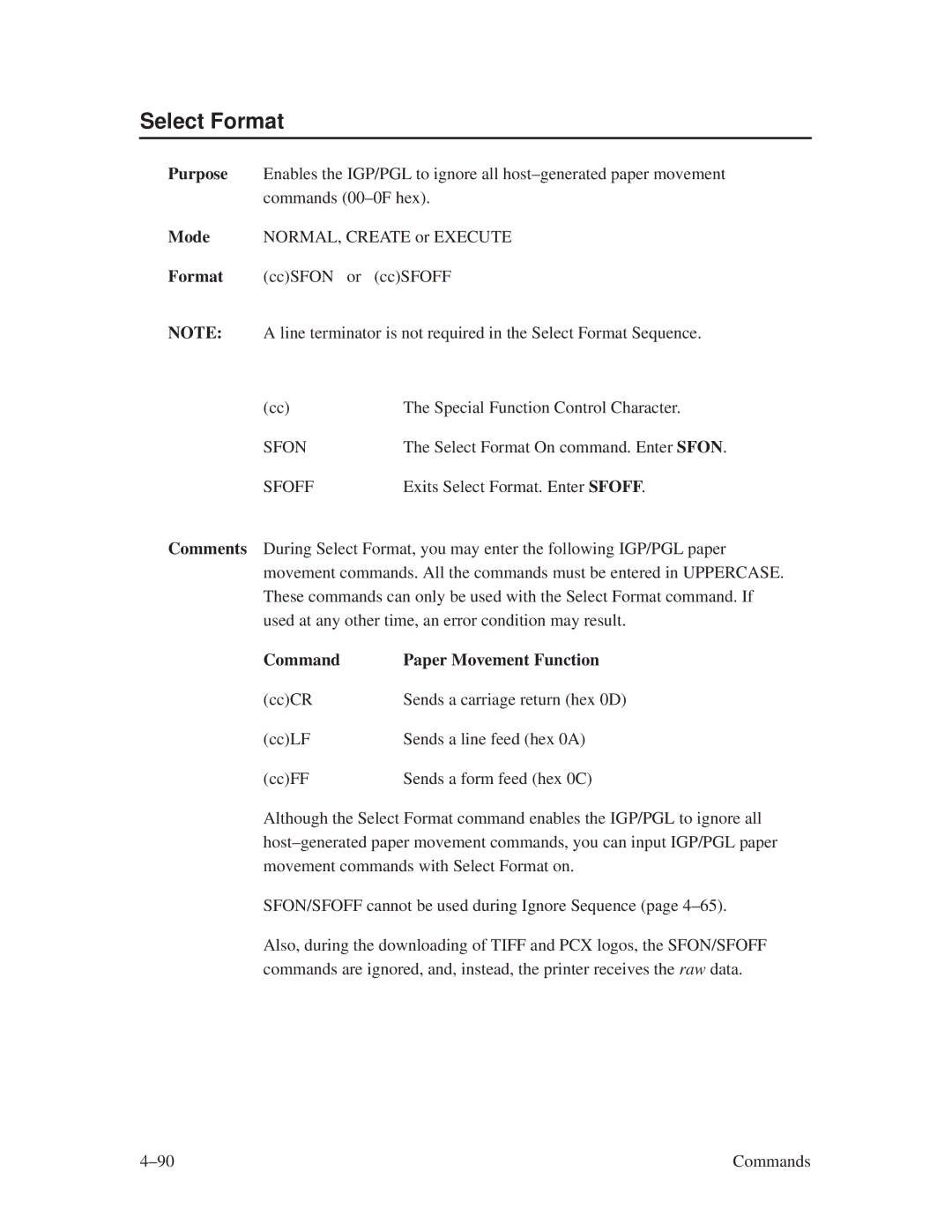 Printronix ThermaLine Series manual Select Format, Sfon, Sfoff, Command Paper Movement Function 