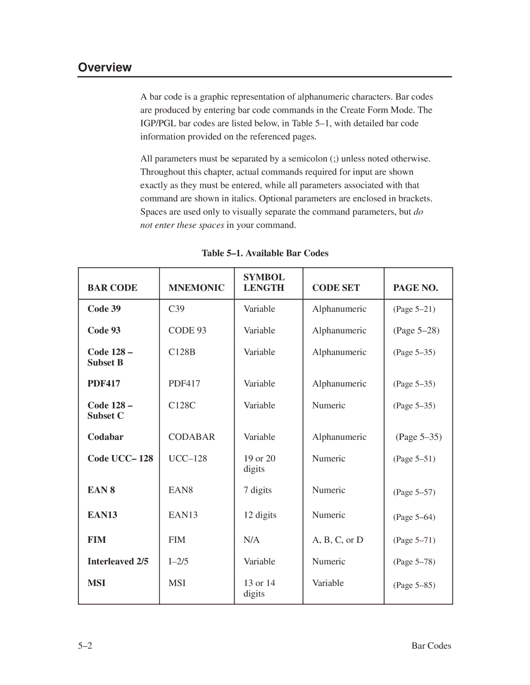 Printronix ThermaLine Series manual Overview, ±1. Available Bar Codes, Code Code 128 ± Subset B Subset C Codabar Code UCC± 