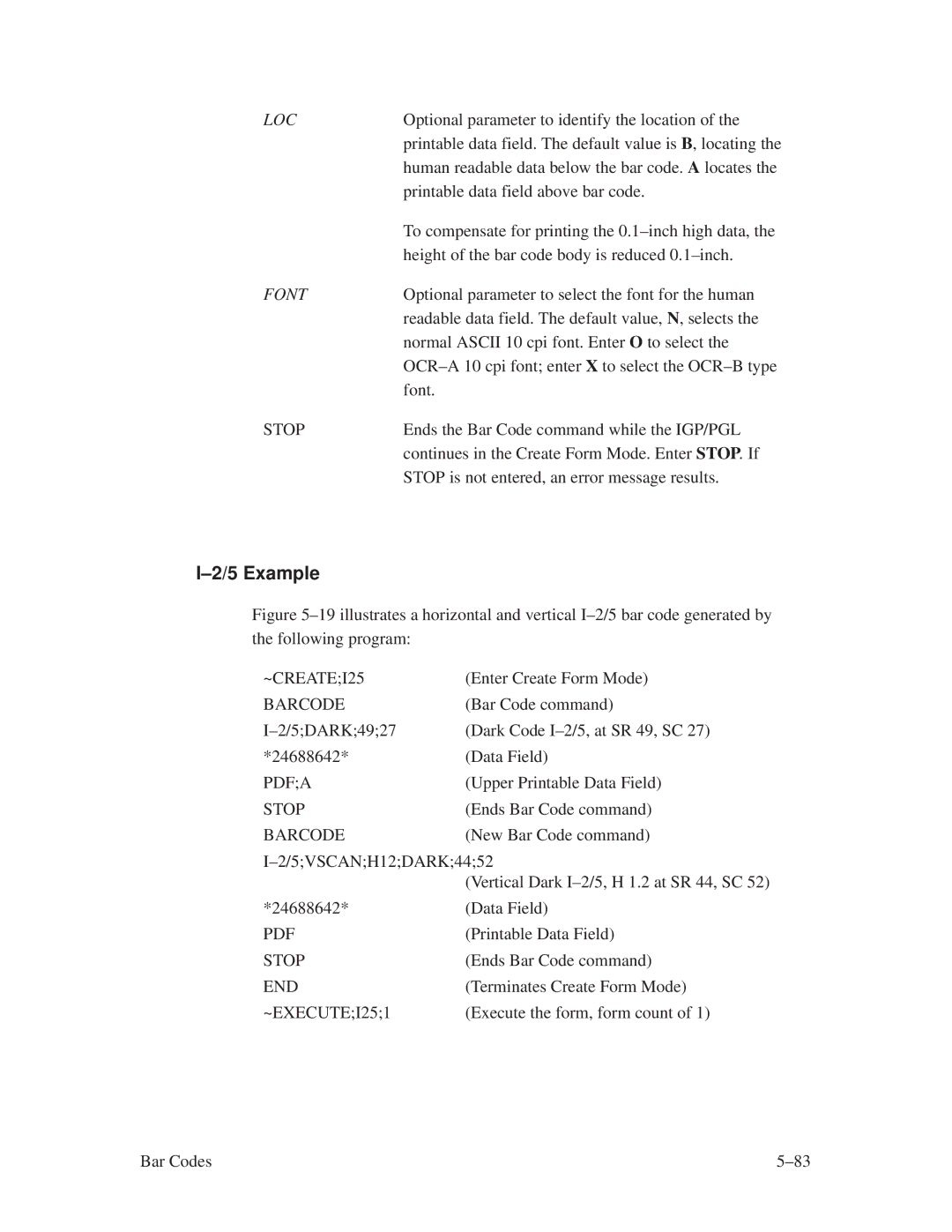 Printronix ThermaLine Series manual ±2/5 Example, Printable data field above bar code 