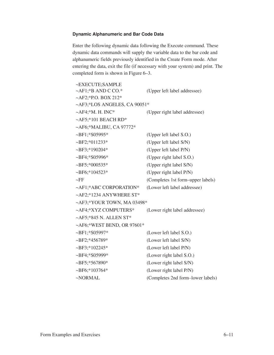 Printronix ThermaLine Series manual ~Executesample, ~Ff, ~AF1*ABC Corporation, ~AF2*1234 Anywhere ST, ~AF4*XYZ Computers 