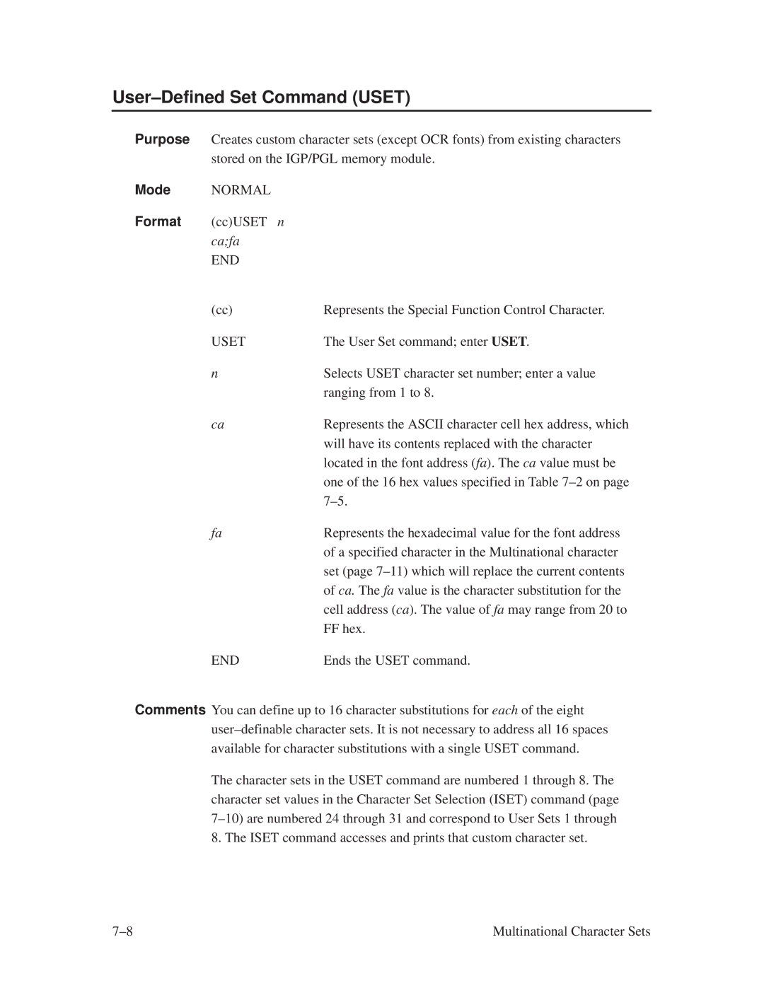 Printronix ThermaLine Series manual User±Defined Set Command Uset, Cafa 