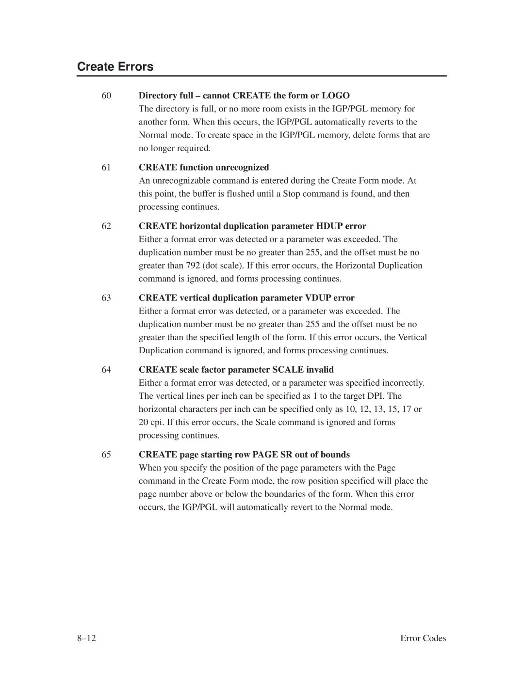 Printronix ThermaLine Series manual Create Errors 