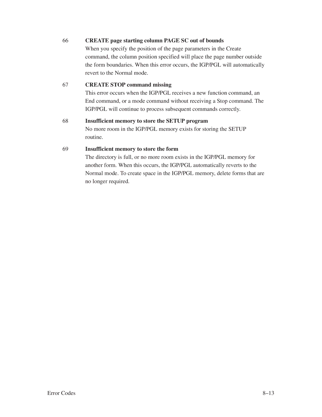 Printronix ThermaLine Series manual Create page starting column page SC out of bounds, Create Stop command missing 