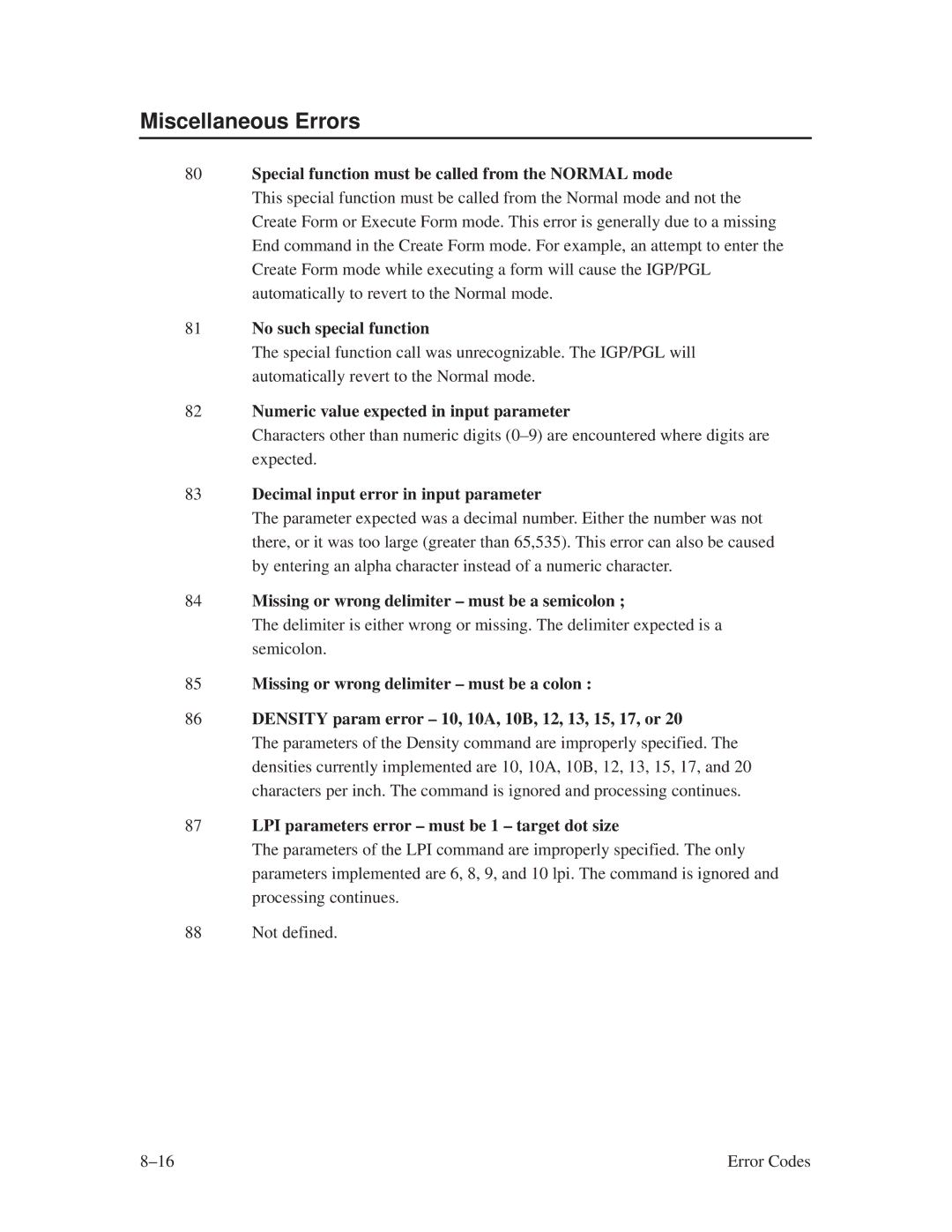 Printronix ThermaLine Series manual Miscellaneous Errors 