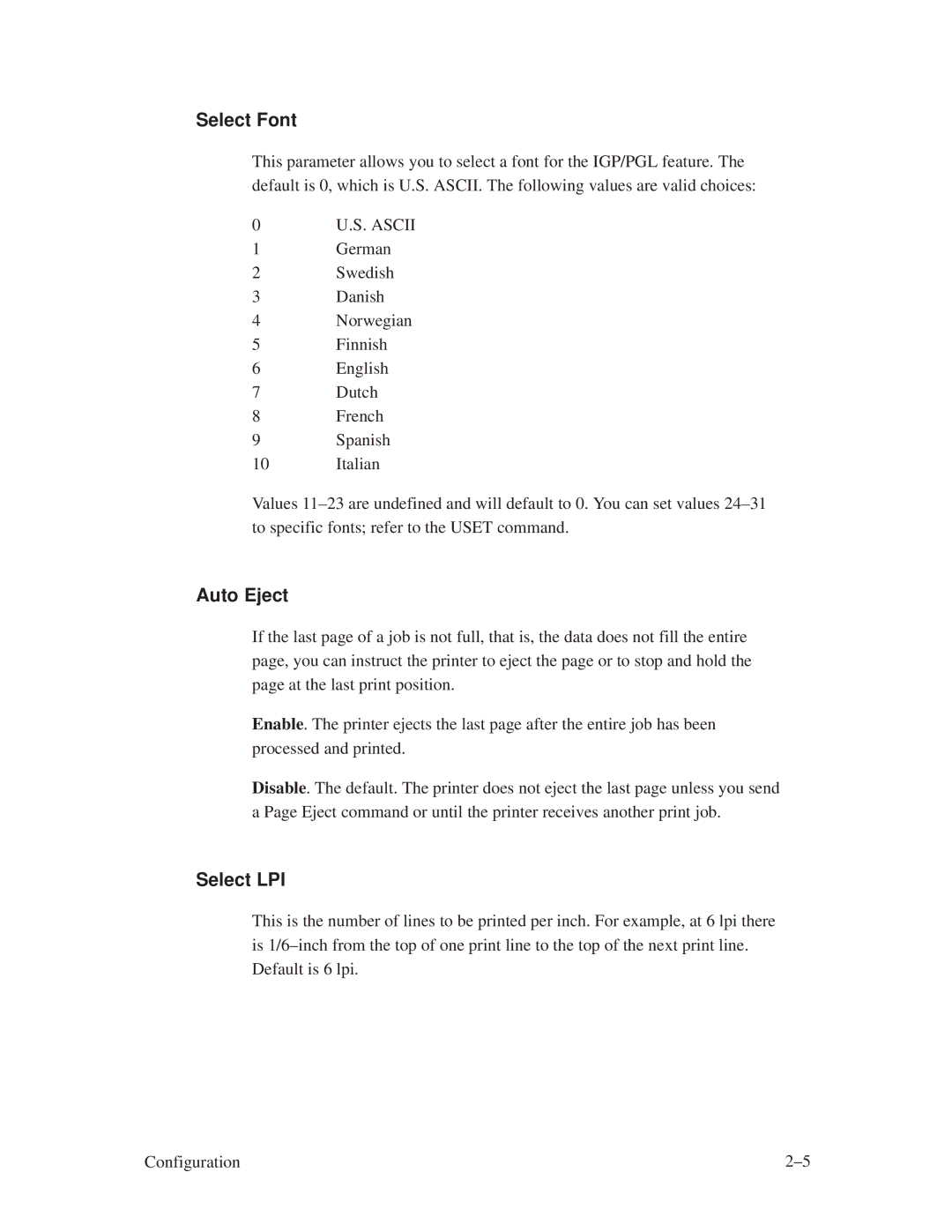 Printronix ThermaLine Series manual Select Font, Auto Eject, Select LPI, S. Ascii 