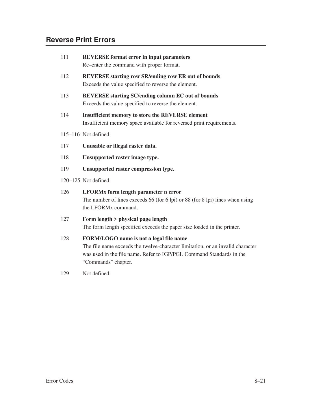 Printronix ThermaLine Series Reverse Print Errors, LFORMx form length parameter n error, Form length physical page length 