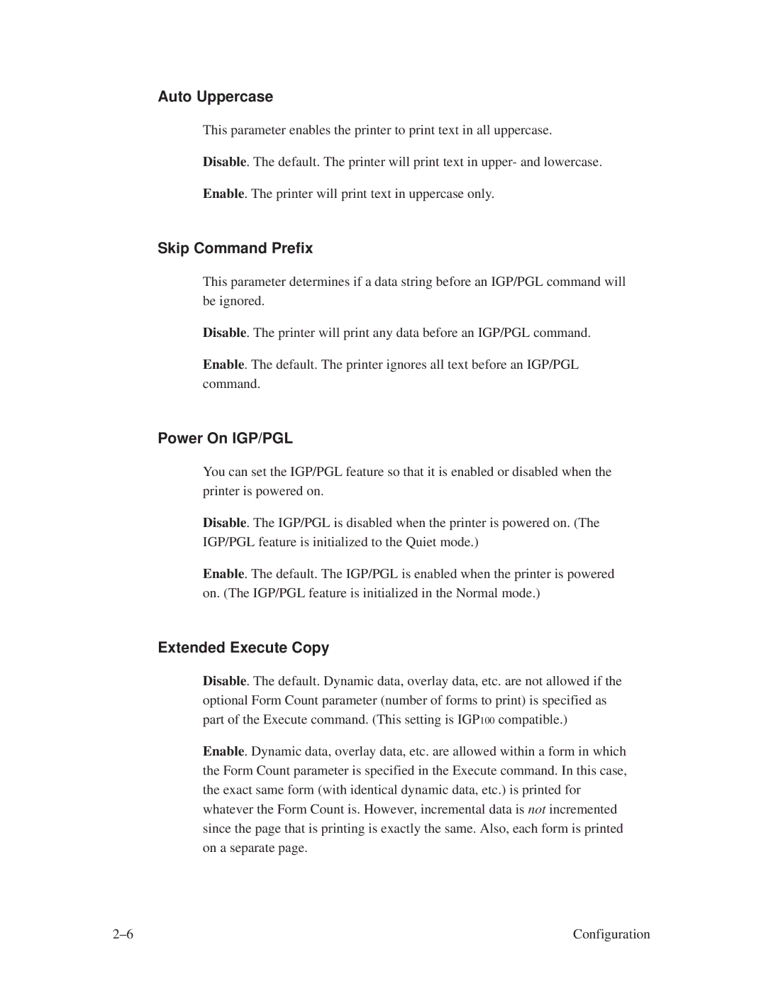 Printronix ThermaLine Series manual Auto Uppercase, Skip Command Prefix, Power On IGP/PGL, Extended Execute Copy 