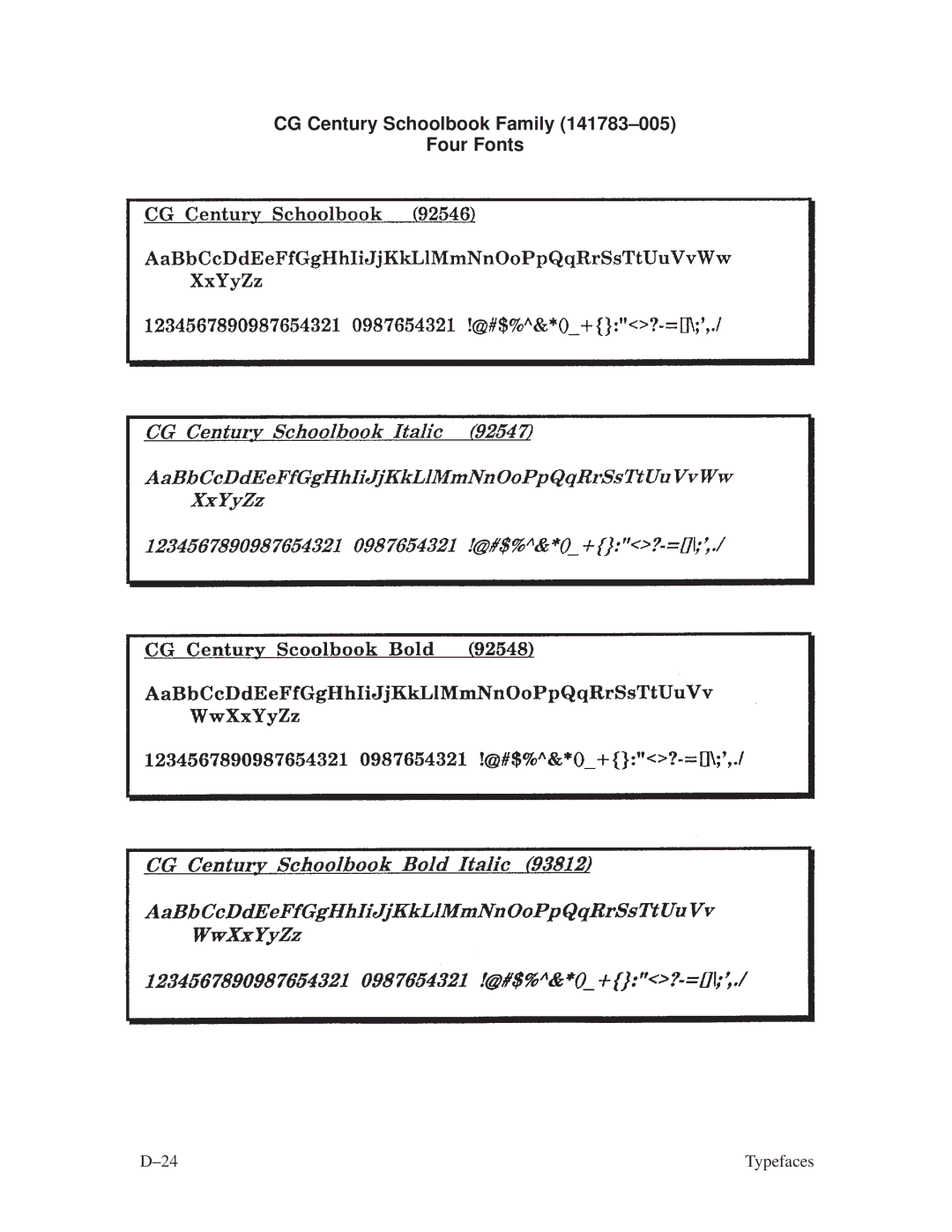 Printronix ThermaLine Series manual CG Century Schoolbook Family 141783±005 Four Fonts 