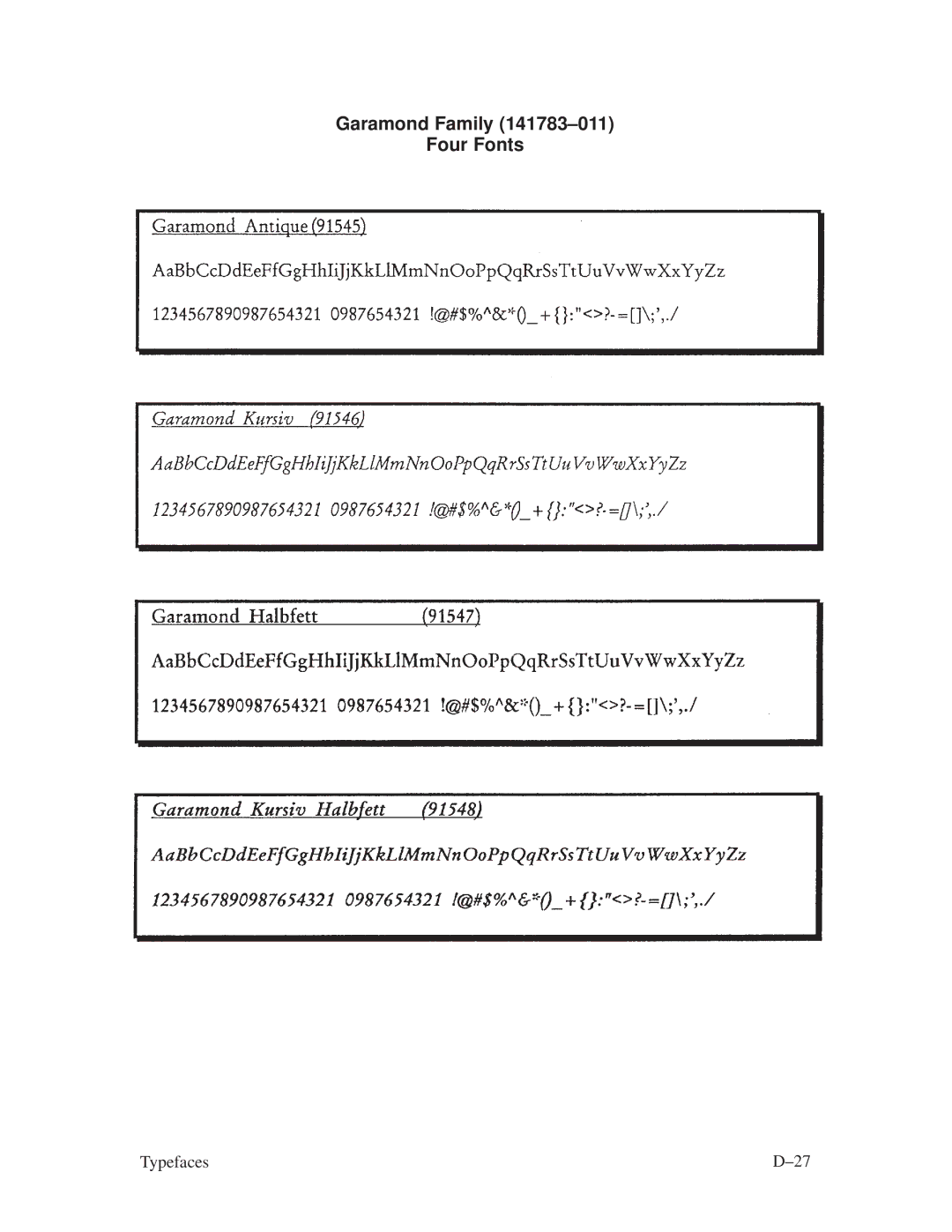 Printronix ThermaLine Series manual Garamond Family 141783±011 Four Fonts 