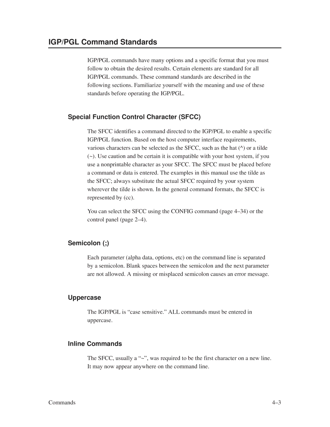 Printronix ThermaLine Series IGP/PGL Command Standards, Special Function Control Character Sfcc, Semicolon, Uppercase 