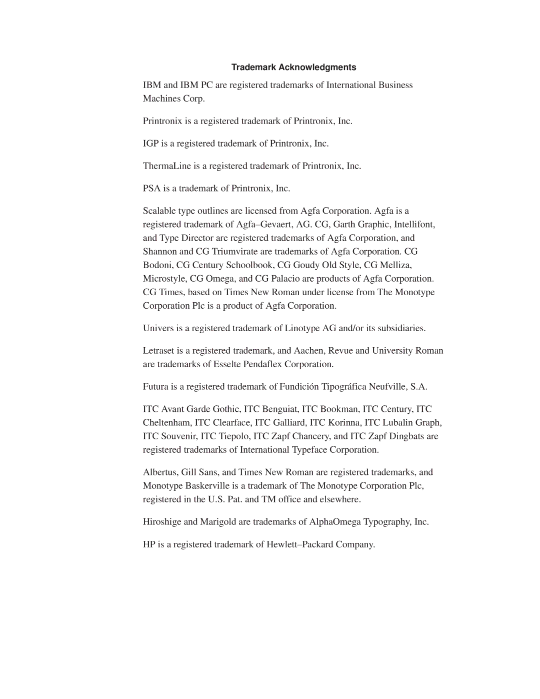 Printronix ThermaLine Series manual Trademark Acknowledgments 