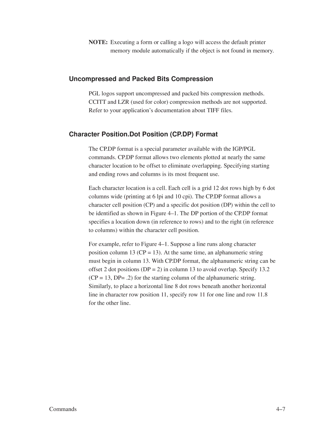 Printronix ThermaLine Series manual Uncompressed and Packed Bits Compression, Character Position.Dot Position CP.DP Format 