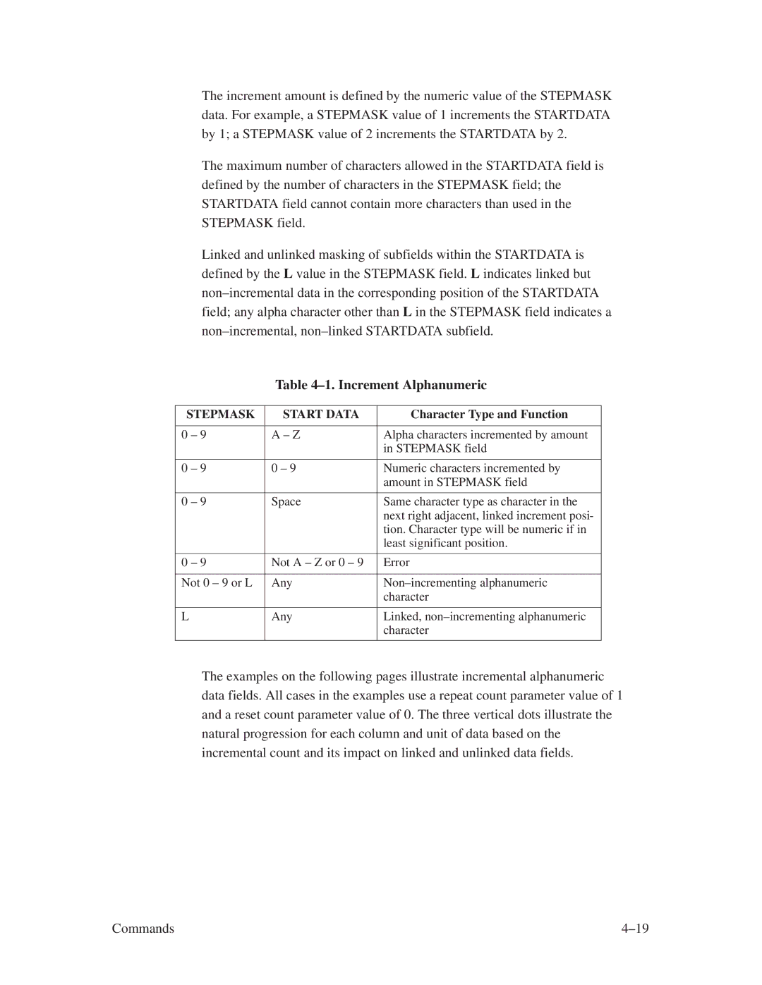 Printronix ThermaLine Series manual ±1. Increment Alphanumeric, Stepmask Start Data 