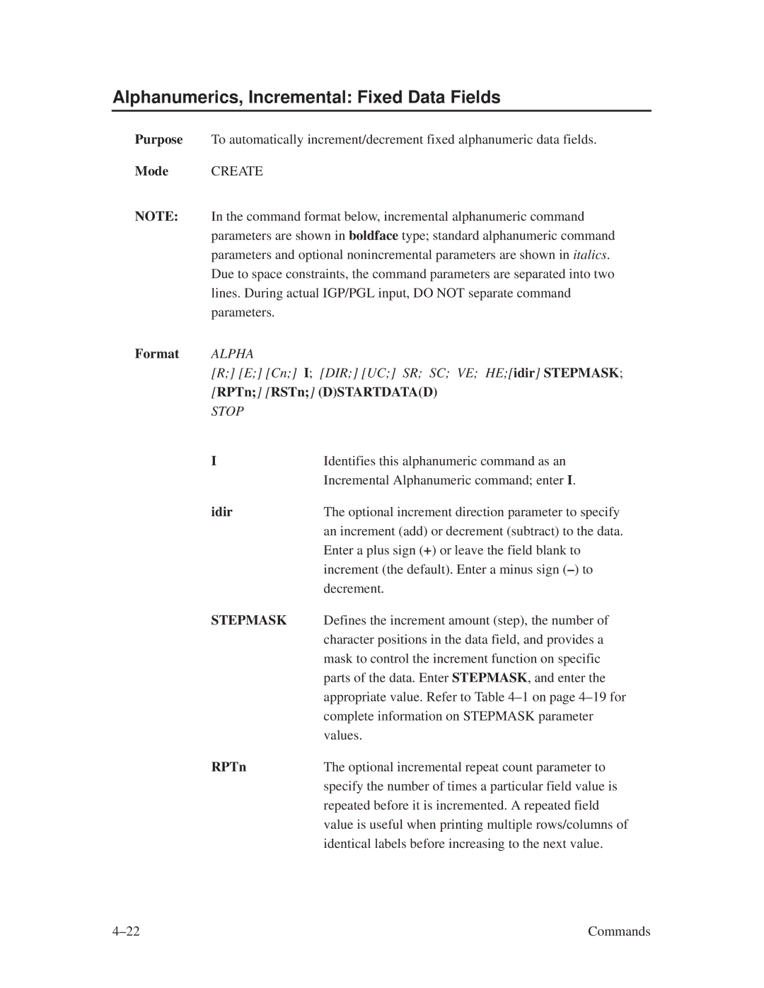 Printronix ThermaLine Series manual Alphanumerics, Incremental Fixed Data Fields, RPTn RSTn Dstartdatad, Idir 