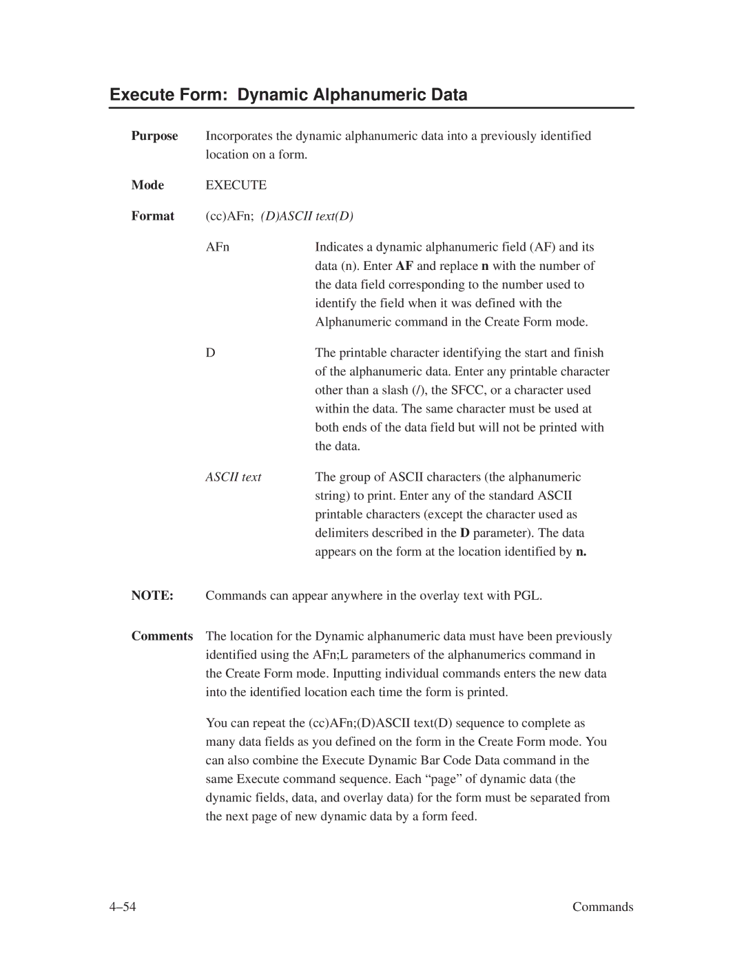 Printronix ThermaLine Series manual Execute Form Dynamic Alphanumeric Data, CcAFn Dascii textD, Ascii text 