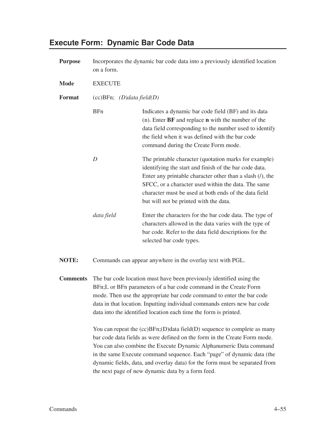 Printronix ThermaLine Series manual Execute Form Dynamic Bar Code Data, Format ccBFn Ddata fieldD, Data field 