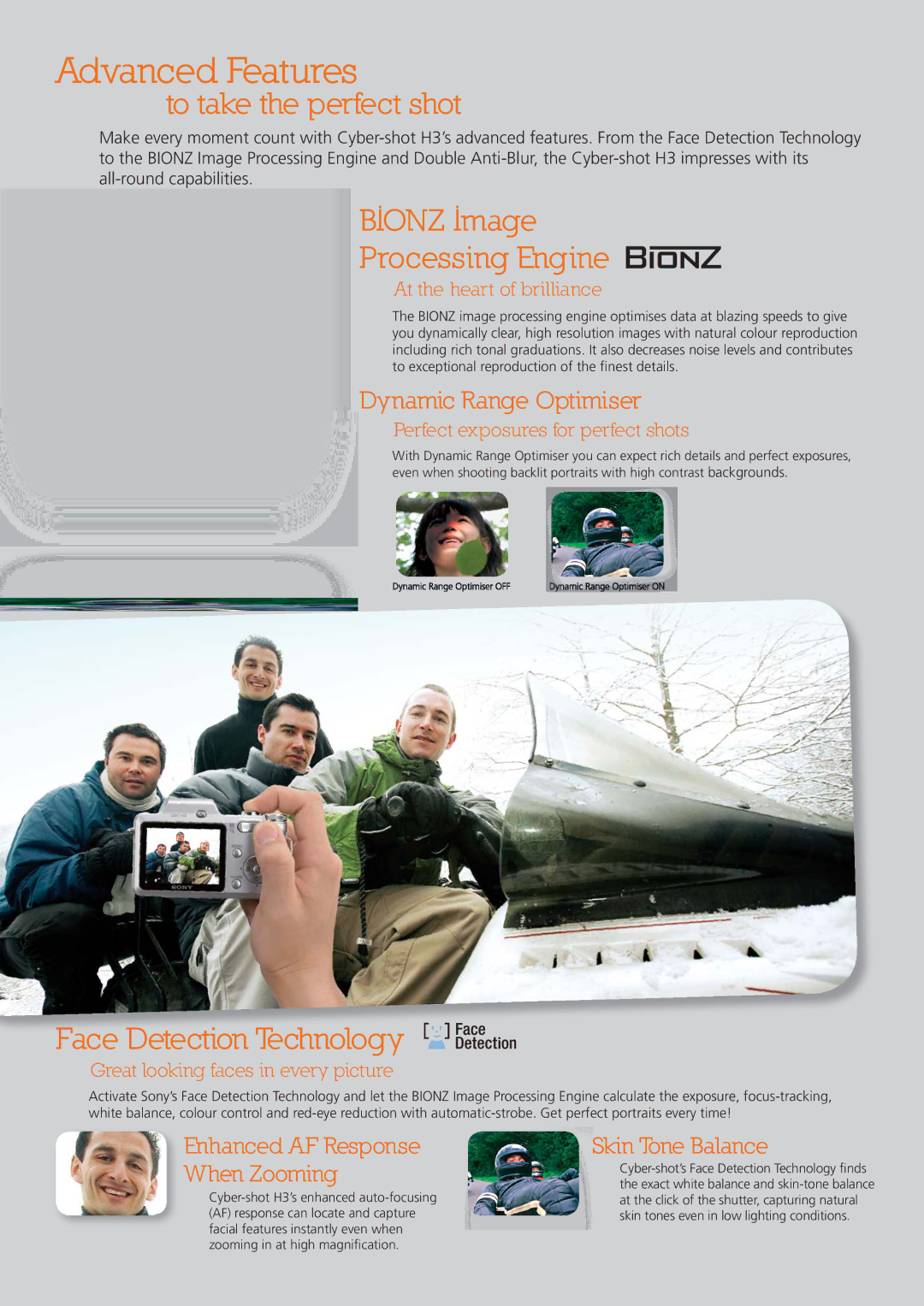 Pro Optic Cyber-shot H3 manual Advanced Features, To take the perfect shot, Bionz Image Processing Engine 