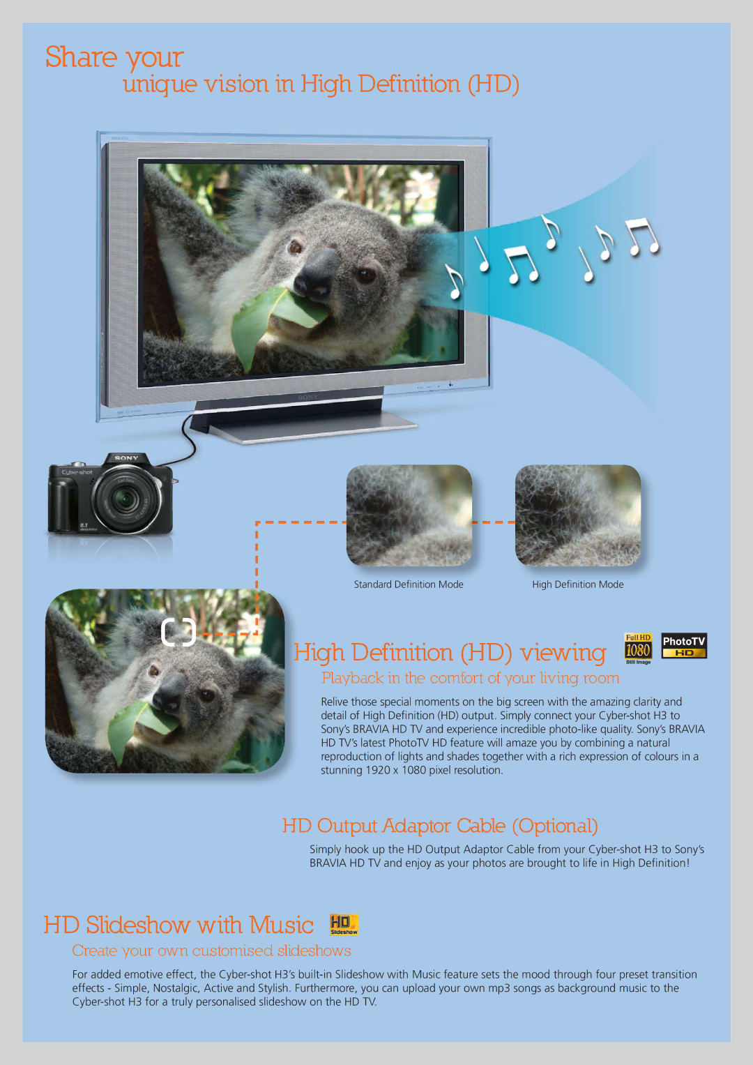 Pro Optic Cyber-shot H3 manual Share your, Unique vision in High Definition HD, High Definition HD viewing 