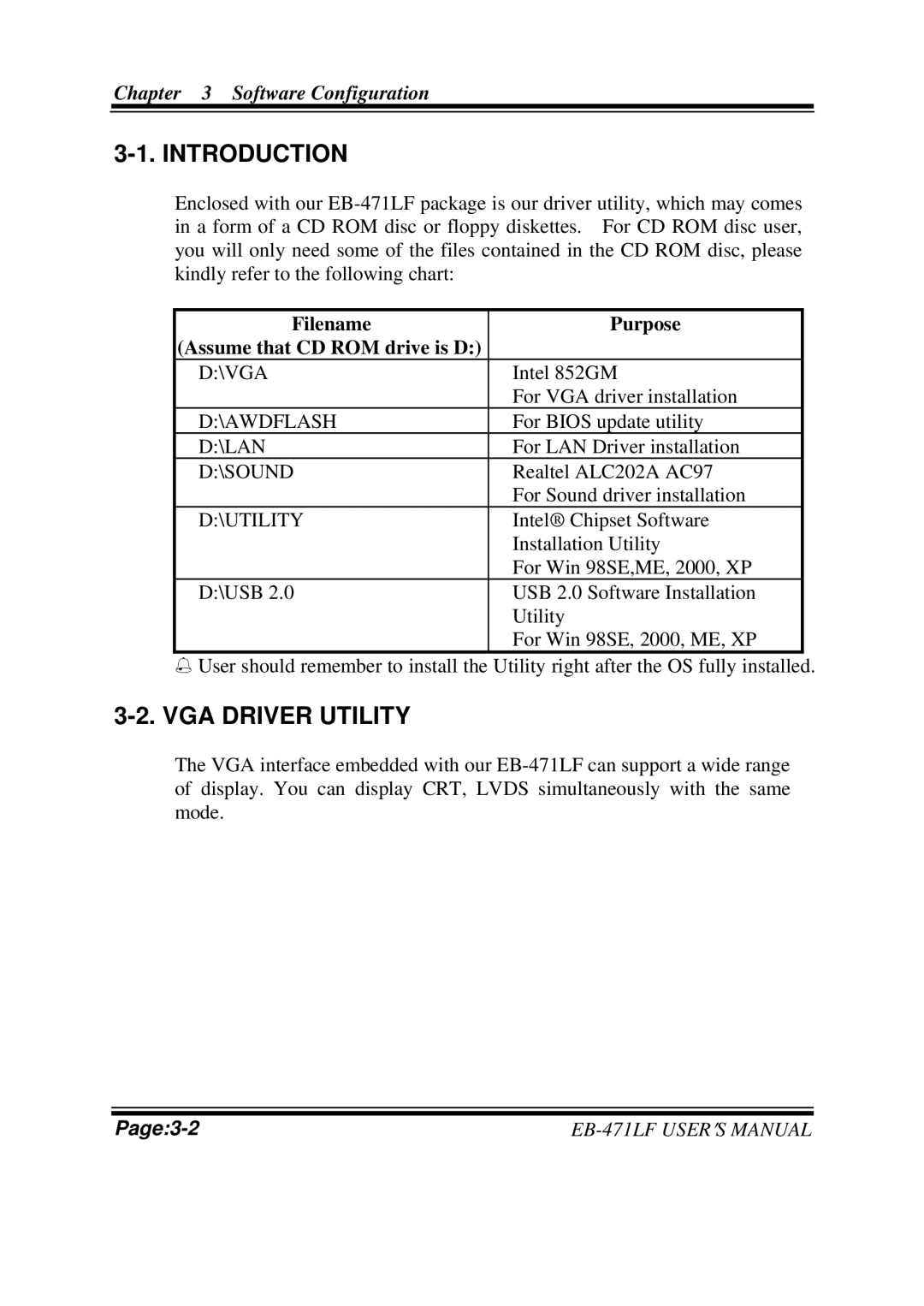 Pro-Tech EB-471LF M1 user manual Introduction, VGA Driver Utility, Filename Purpose Assume that CD ROM drive is D 