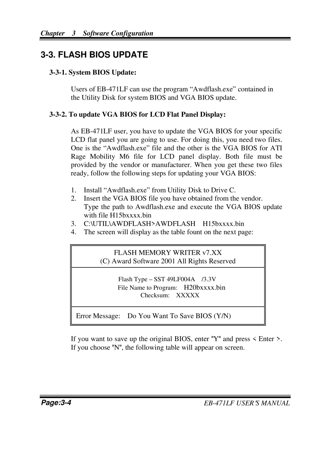 Pro-Tech EB-471LF M1 user manual Flash Bios Update, System Bios Update, To update VGA Bios for LCD Flat Panel Display 