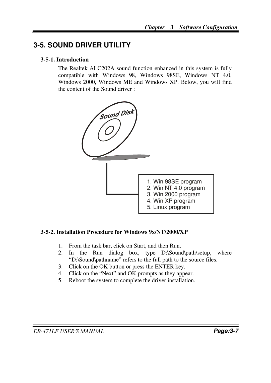 Pro-Tech ULV Celeron M 3.5 Embedded Card With VGA/ SOUND/ LAN, EB-471LF M1 user manual Sound Driver Utility 