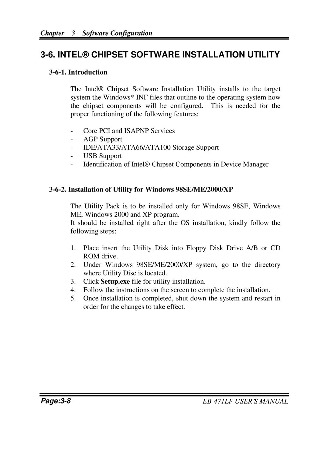 Pro-Tech EB-471LF M1 Intel Chipset Software Installation Utility, Installation of Utility for Windows 98SE/ME/2000/XP 