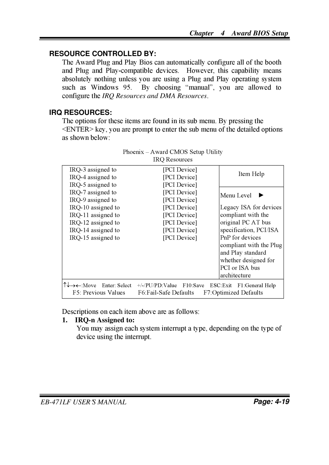 Pro-Tech EB-471LF M1 user manual Resource Controlled by, IRQ Resources, IRQ-n Assigned to 