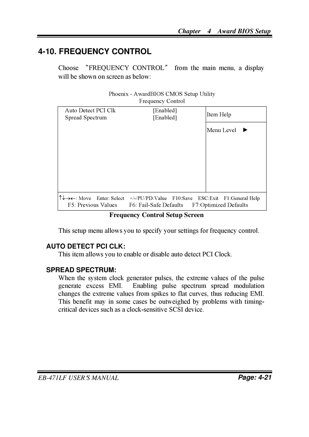 Pro-Tech EB-471LF M1 user manual Frequency Control Setup Screen, Auto Detect PCI CLK, Spread Spectrum 