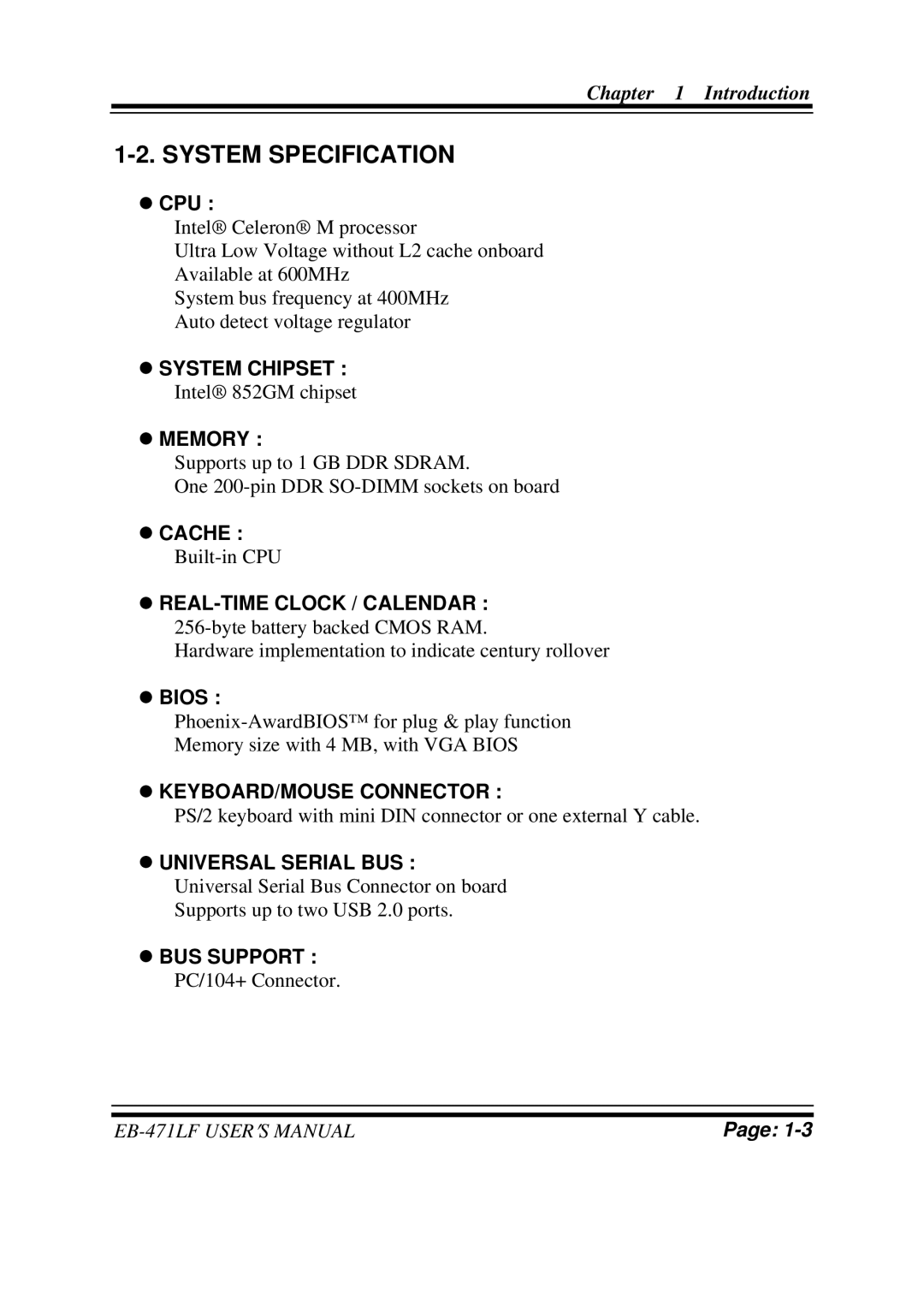 Pro-Tech EB-471LF M1, ULV Celeron M 3.5 Embedded Card With VGA/ SOUND/ LAN user manual System Specification, Cpu 