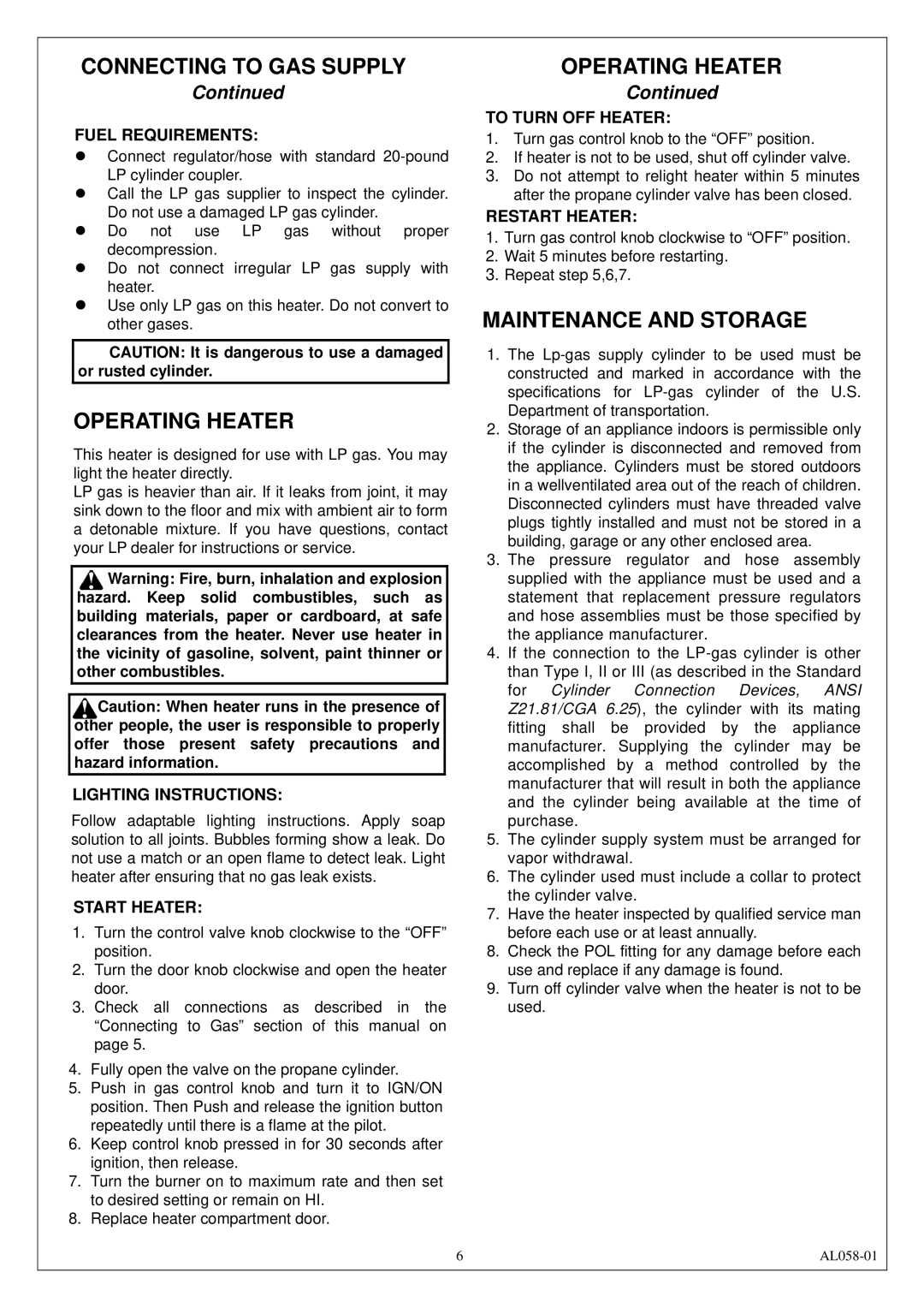 Procom AL500HYLA installation manual Operating Heater, Maintenance and Storage 