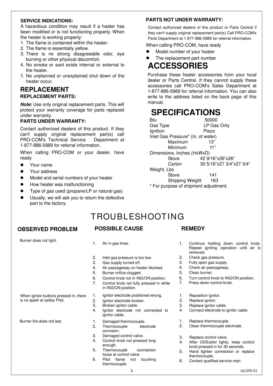 Procom AL500HYLA installation manual Replacement Parts Parts Under Warranty, Parts not Under Warranty 