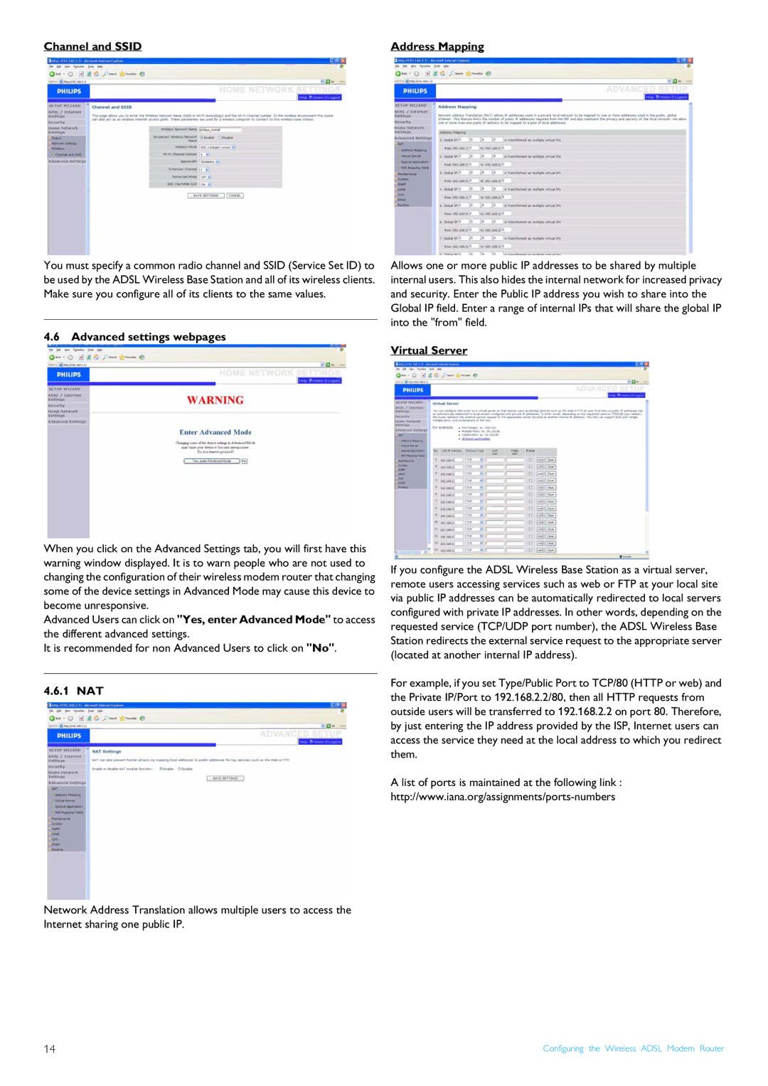 Procom CGA7740N manual Channel and Ssid, Advanced settings webpages, 1 NAT, Virtual Server 