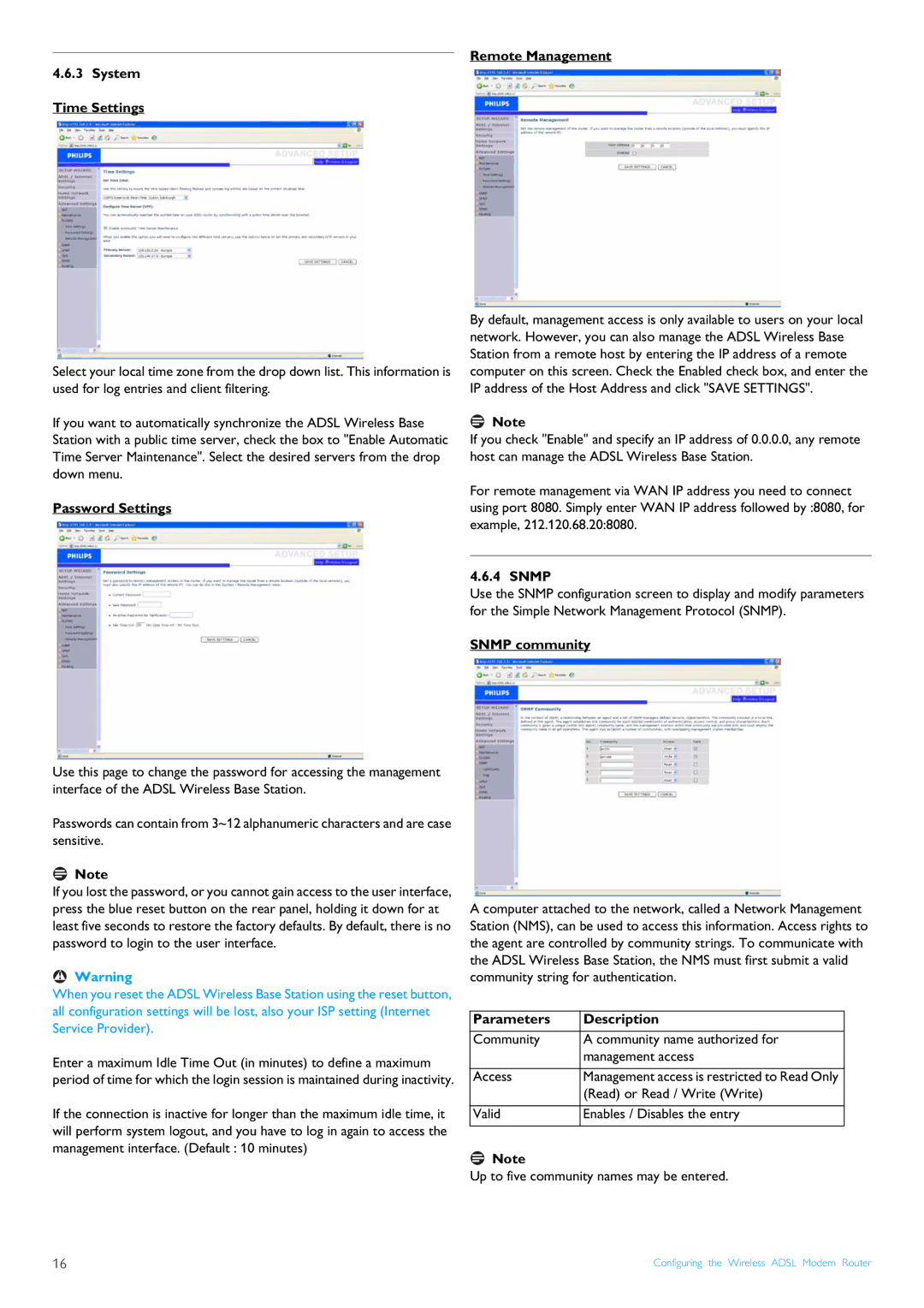 Procom CGA7740N Remote Management System Time Settings, Password Settings, Snmp community, Parameters Description 