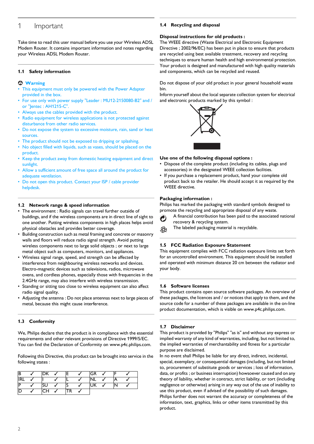 Procom CGA7740N manual Safety information, Network range & speed information, Conformity, Packaging information 