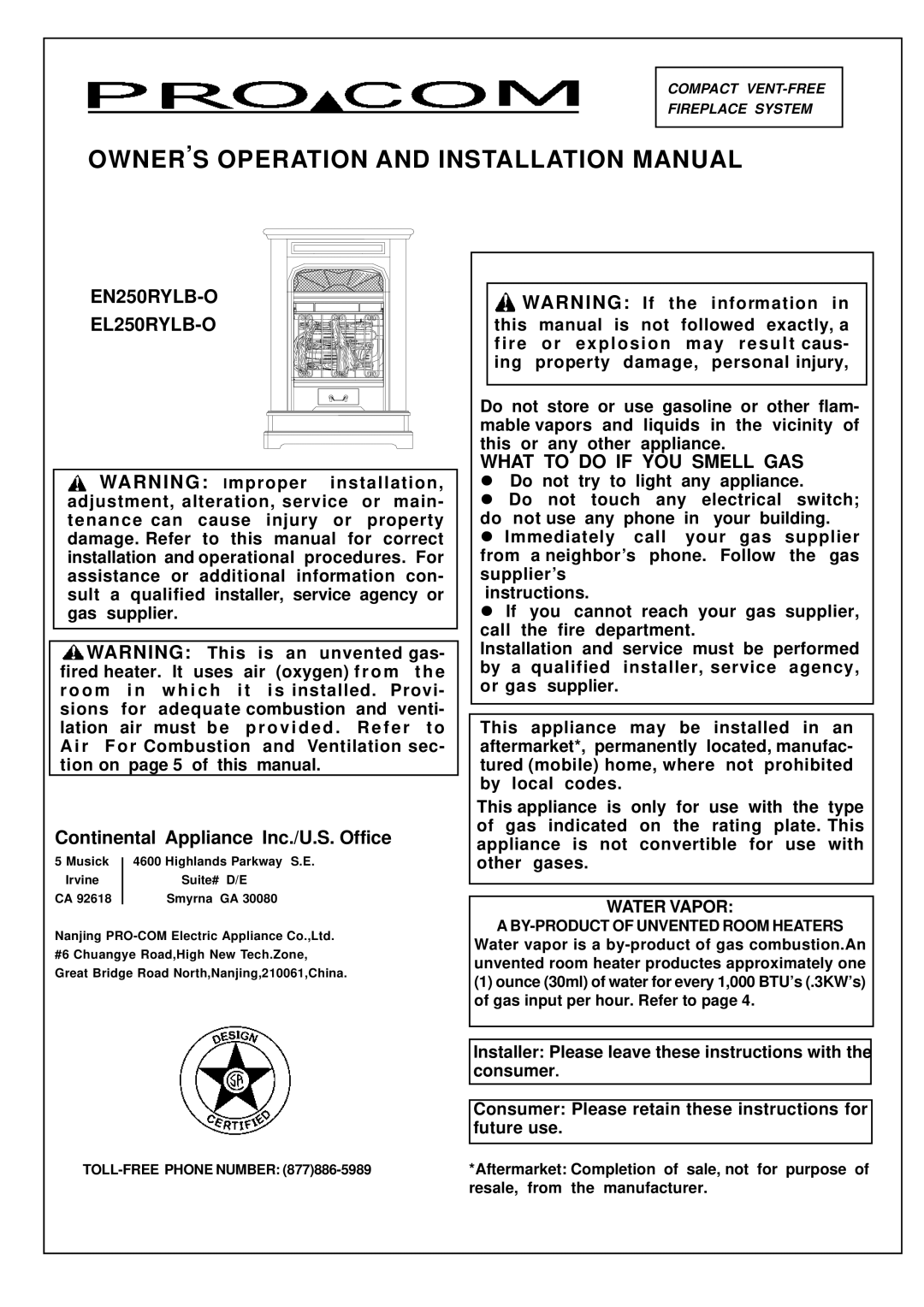 Procom installation manual EN250RYLB-O EL250RYLB-O, What to do if YOU Smell GAS, Water Vapor 