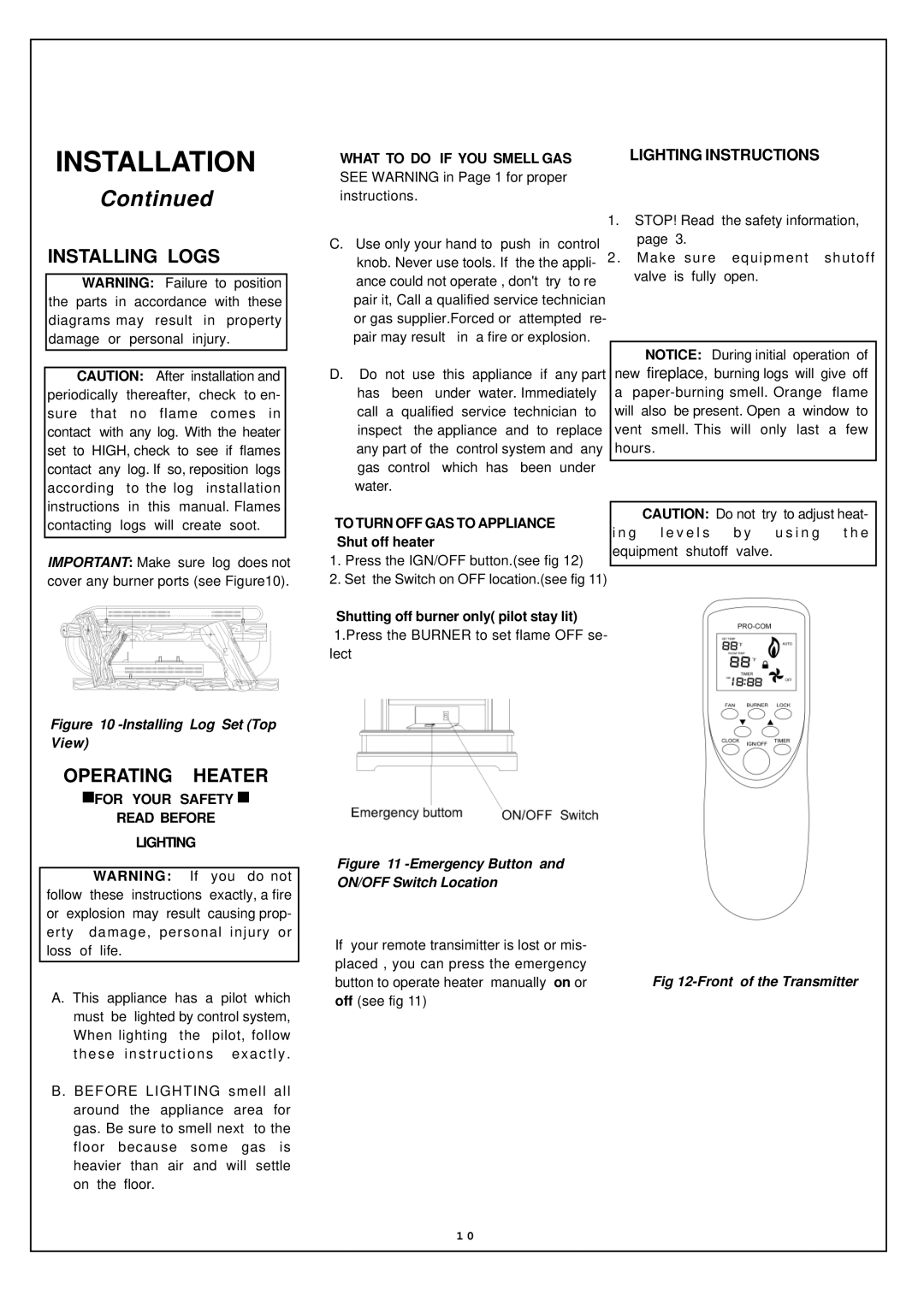 Procom EL250RYLB-O, EN250RYLB-O Installing Logs, Operating Heater, Lighting Instructions, What to do if YOU Smell GAS 