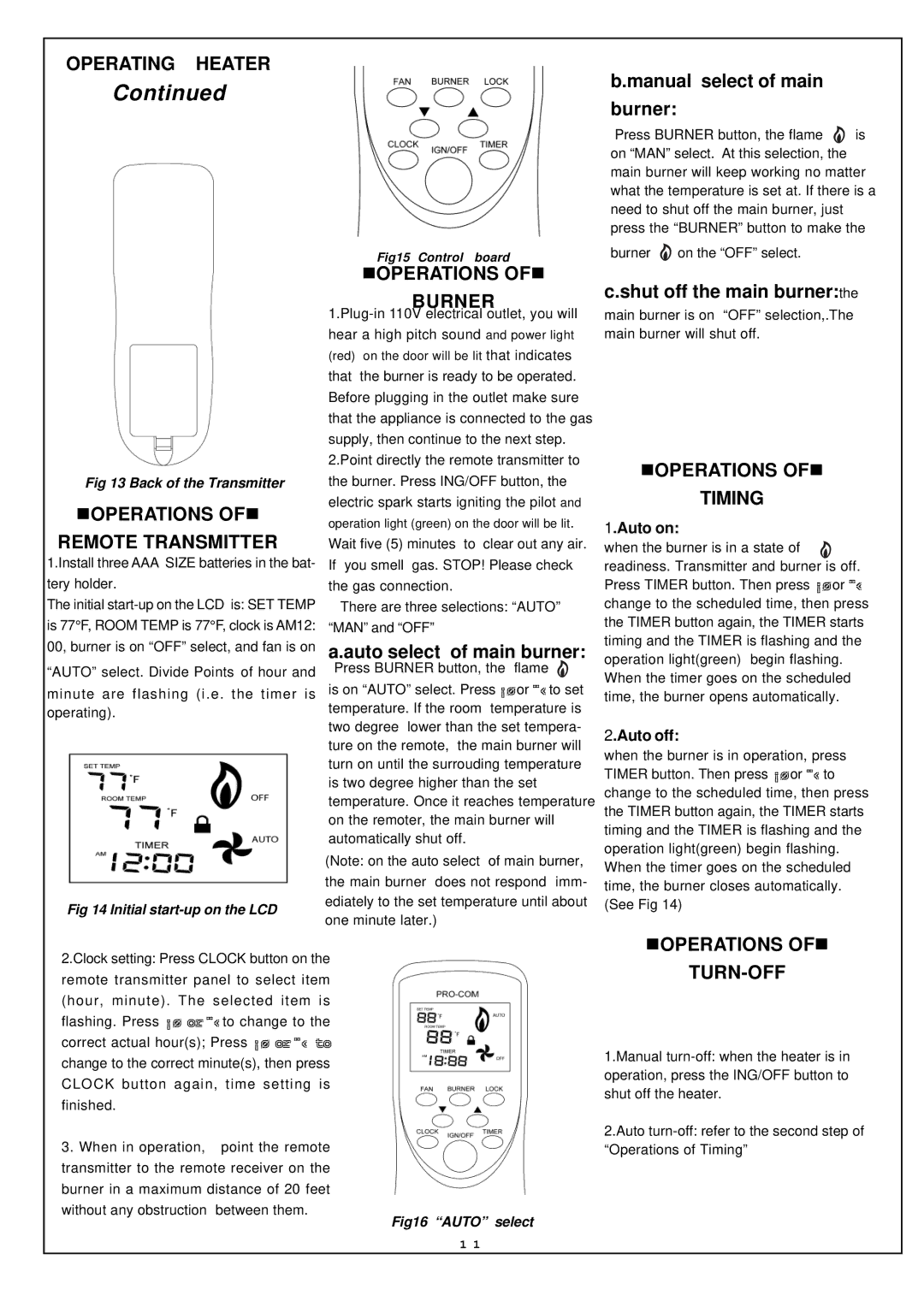 Procom EN250RYLB-O, EL250RYLB-O Operations Remote Transmitter, Operations Burner, Operations Timing, Operations TURN-OFF 