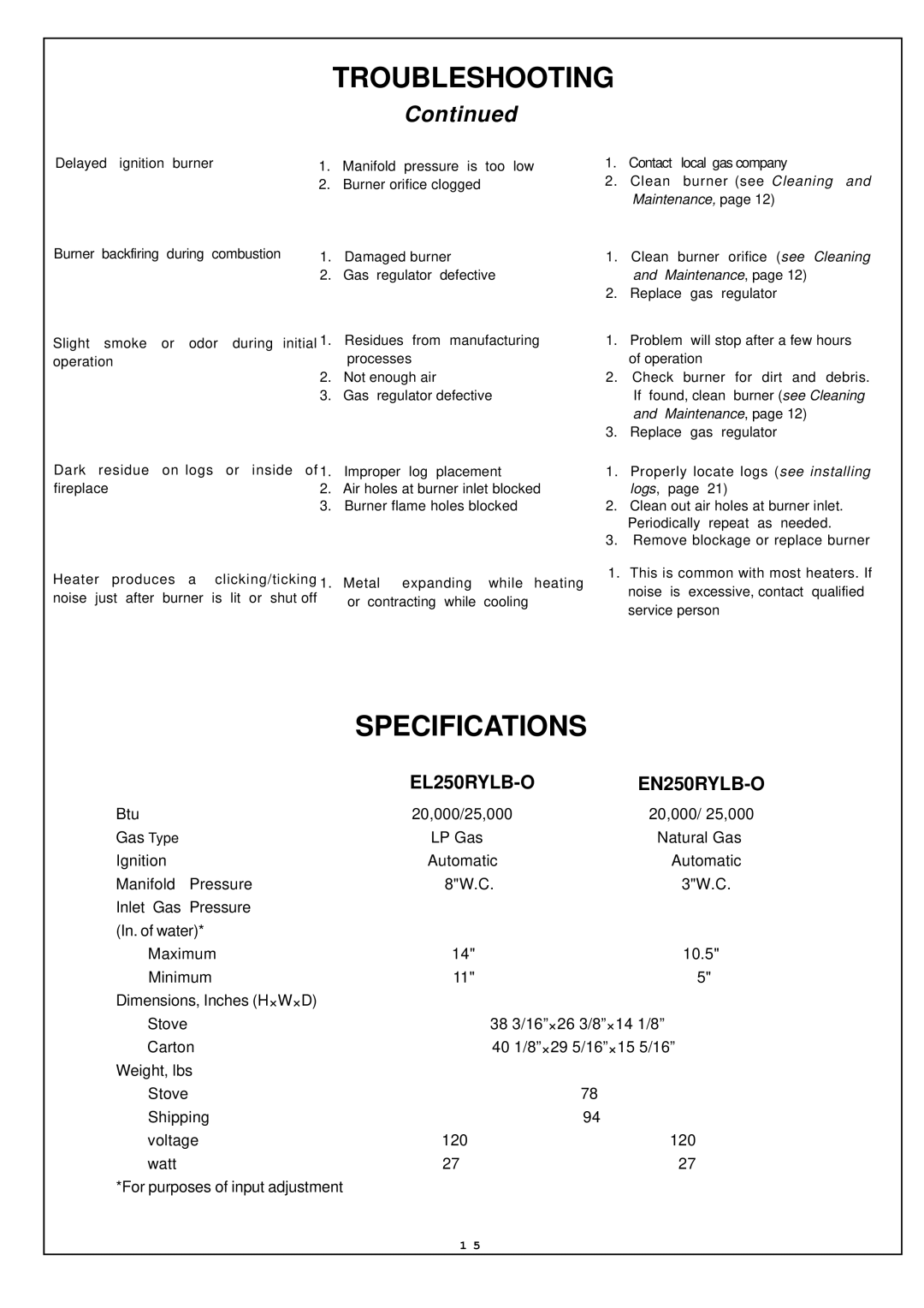 Procom EN250RYLB-O, EL250RYLB-O installation manual Specifications 