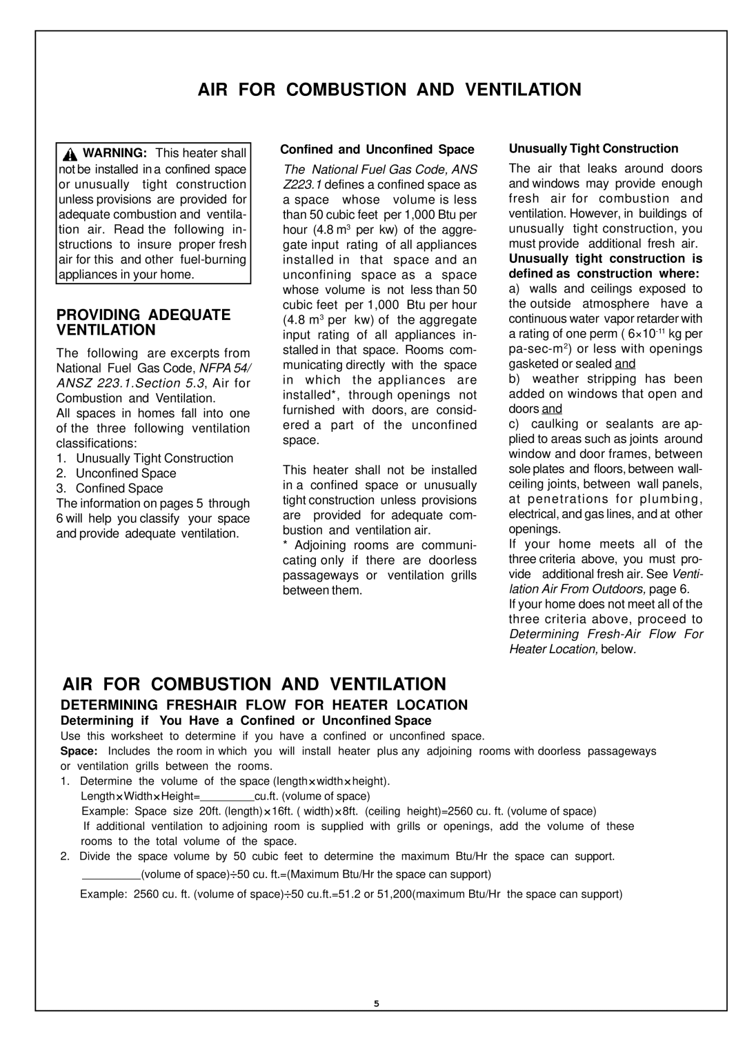 Procom EN250RYLB-O, EL250RYLB-O installation manual AIR for Combustion and Ventilation, Providing Adequate Ventilation 