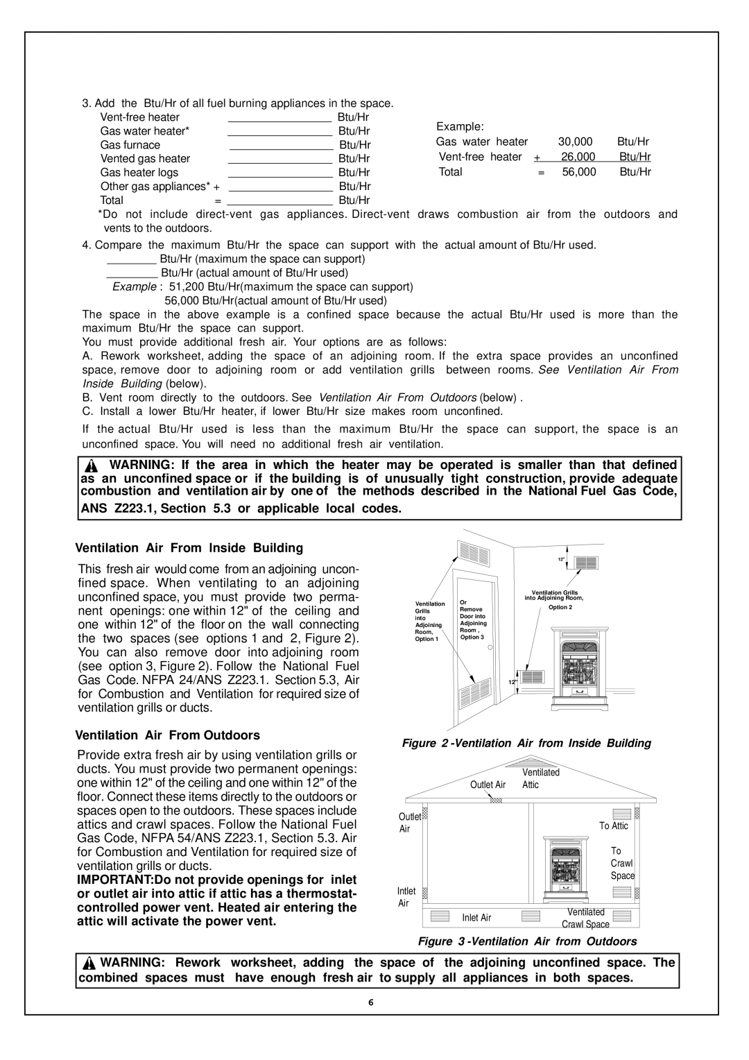 Procom EL250RYLB-O, EN250RYLB-O installation manual Ventilation Air From Outdoors, Air From Outdoors below 