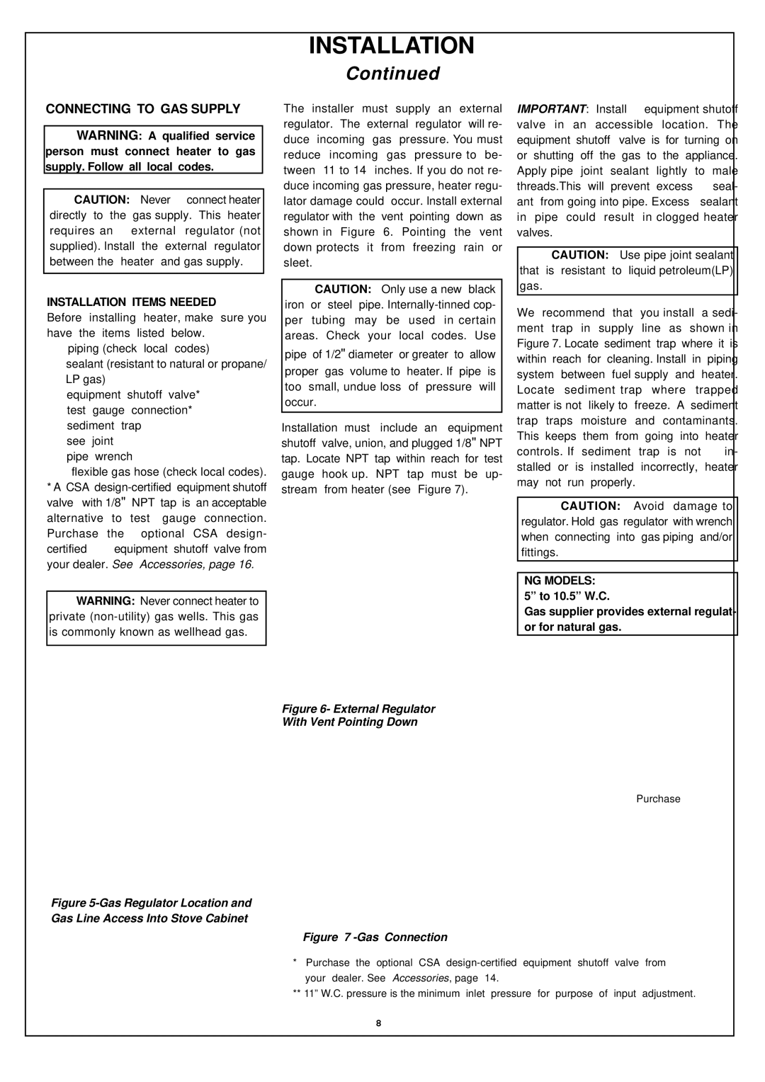 Procom EL250RYLB-O, EN250RYLB-O installation manual Connecting to GAS Supply, Installation Items Needed, NG Models 