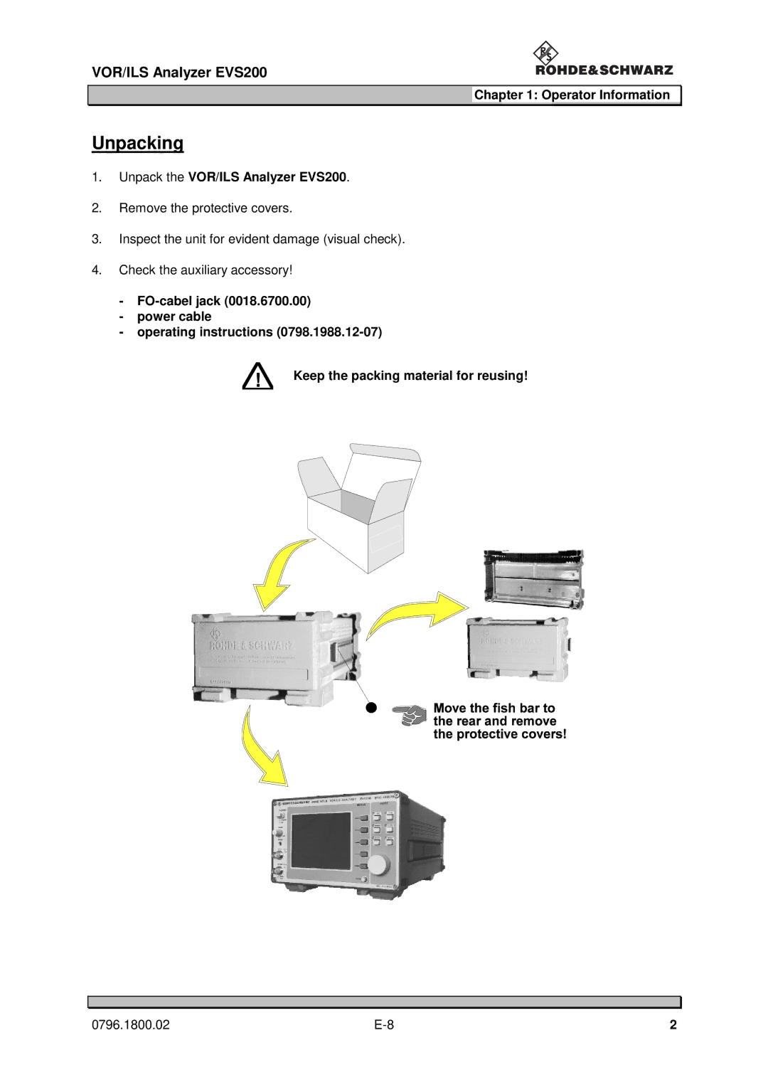 Procom user manual Unpacking, Unpack the VOR/ILS Analyzer EVS200 