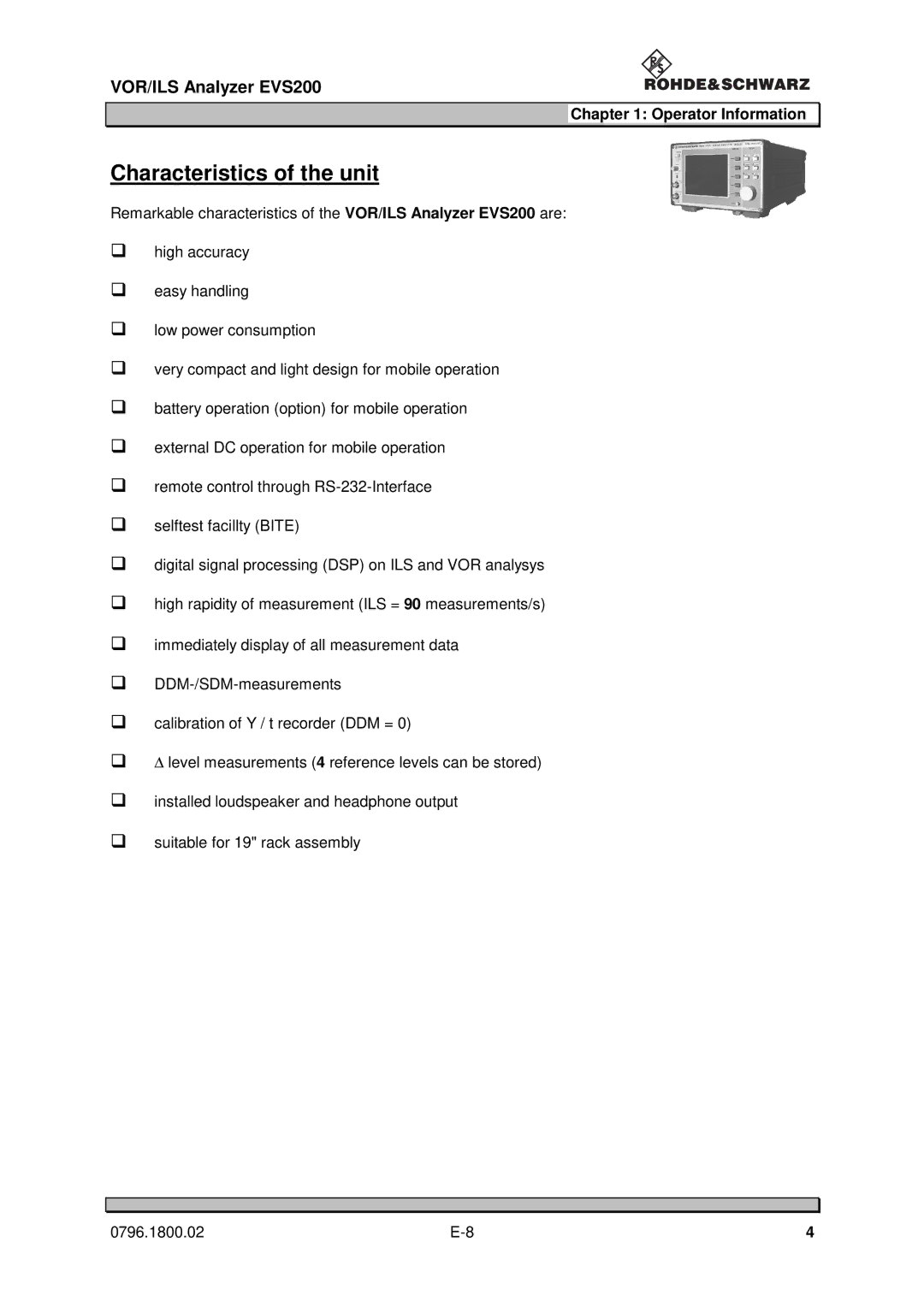 Procom EVS200 user manual Characteristics of the unit 