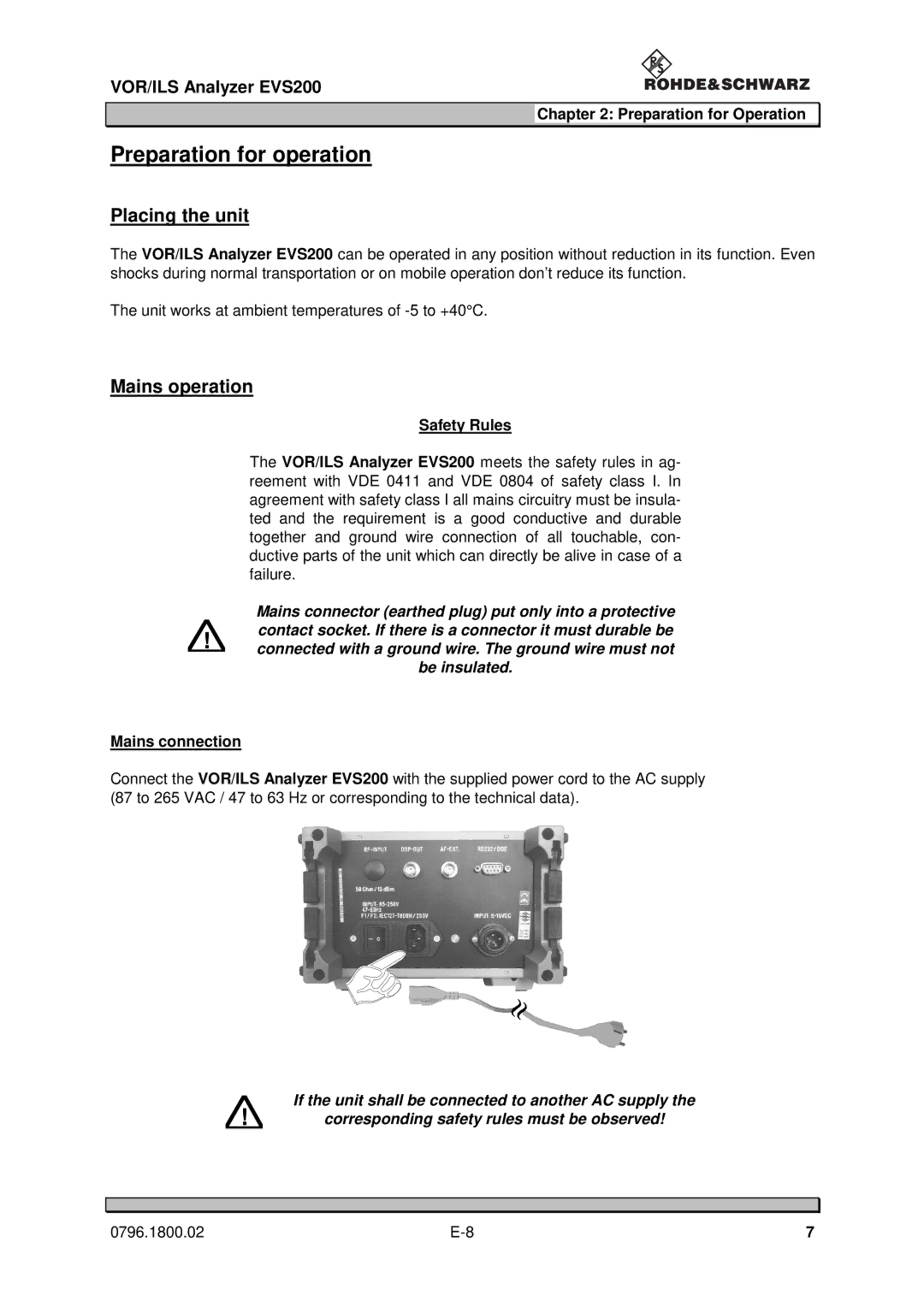 Procom EVS200 user manual Placing the unit, Preparation for Operation, Safety Rules, Mains connection 