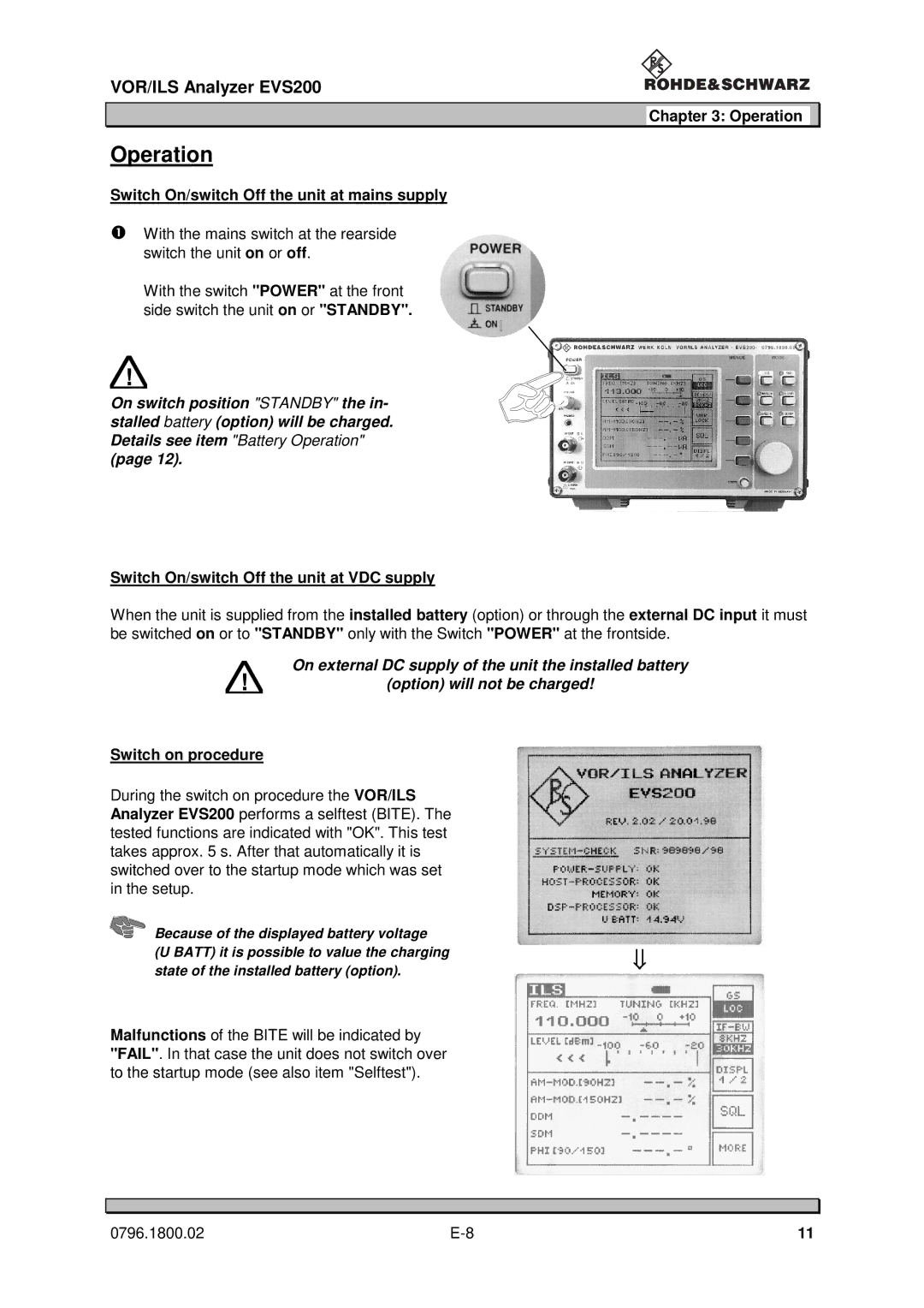 Procom EVS200 Operation, Switch On/switch Off the unit at mains supply, Switch On/switch Off the unit at VDC supply 