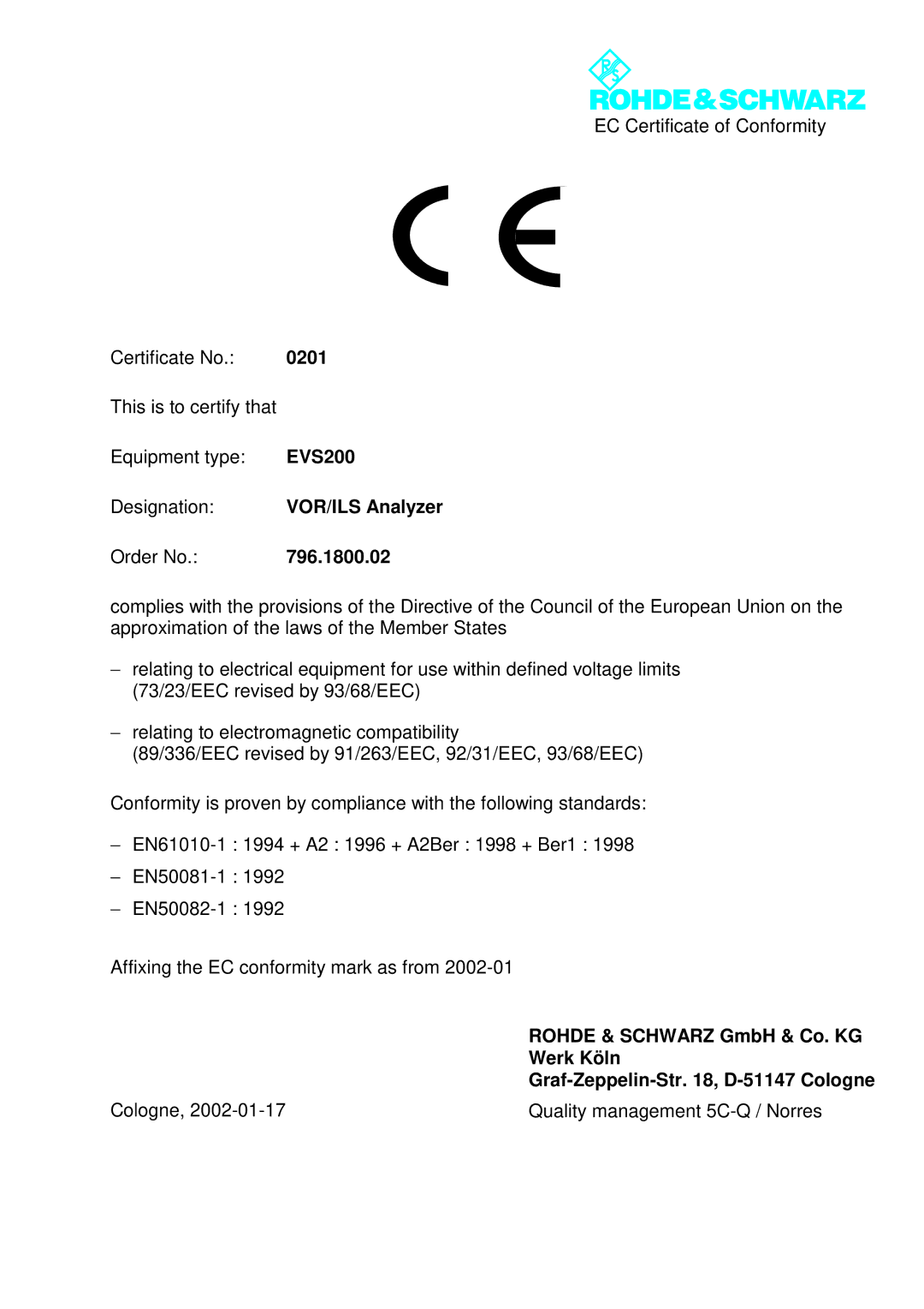 Procom EVS200 user manual 0201, 796.1800.02, Rohde & Schwarz GmbH & Co. KG, Werk Köln, Graf-Zeppelin-Str , D-51147 Cologne 