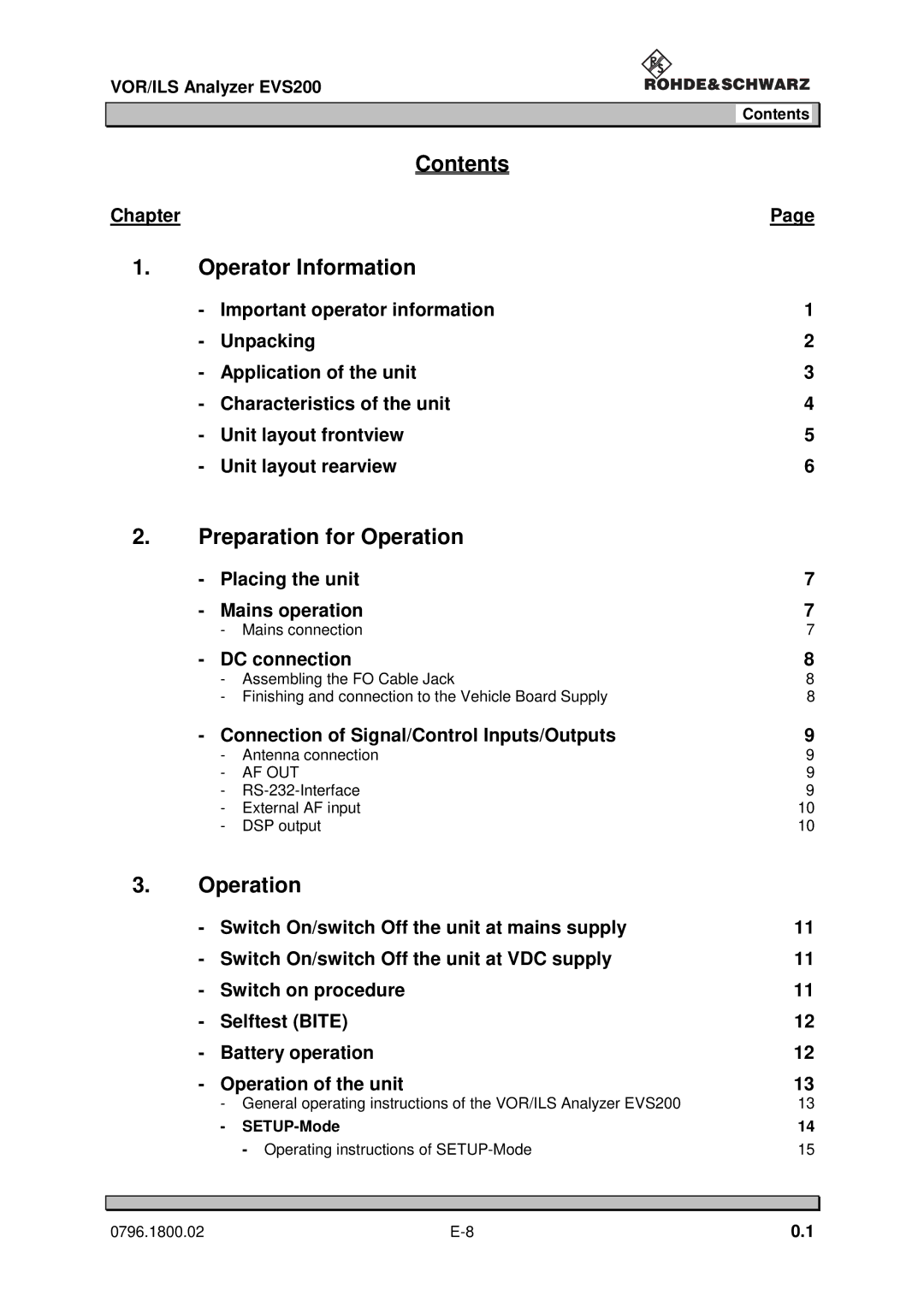 Procom EVS200 user manual Contents, Operator Information, Preparation for Operation 