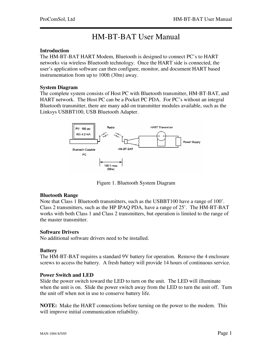 Procom HM-BT-BAT user manual Introduction, System Diagram, Bluetooth Range Software Drivers, Battery, Power Switch and LED 