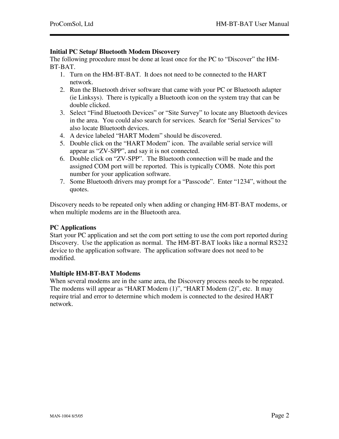 Procom user manual Initial PC Setup/ Bluetooth Modem Discovery, PC Applications, Multiple HM-BT-BAT Modems 