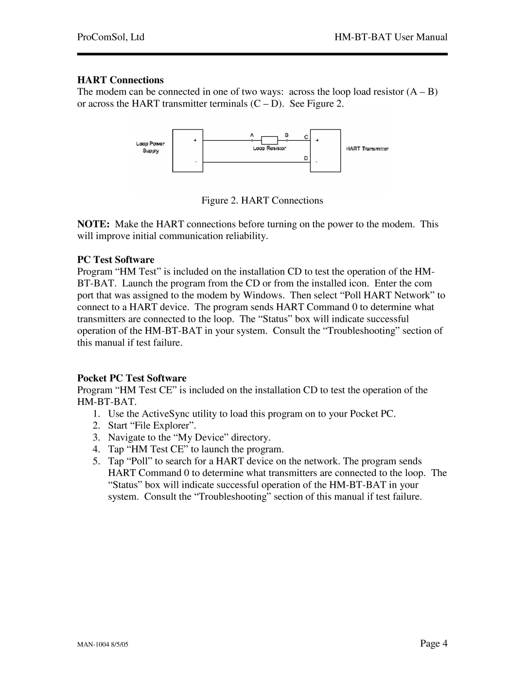 Procom HM-BT-BAT user manual Hart Connections, Pocket PC Test Software 